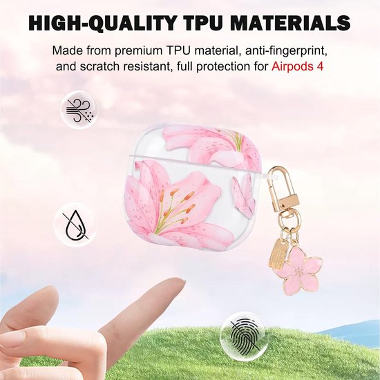 Compatibel met AirPods 4 met sleutelhang, transparante TPU-beschermhoes met mooi patroon voor vrouwen, stootvaste anti-slip anti-stof geurloze hoes — afbeelding 4