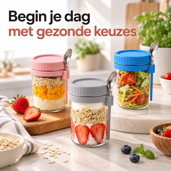 BOTC Overnight Oats Potjes - Voorraadpotten - Set van 4 met Lepels - 4x475ml - Glazen Potjes met deksels - Mason Jar — cadeau in Kookcadeaus - foto 5