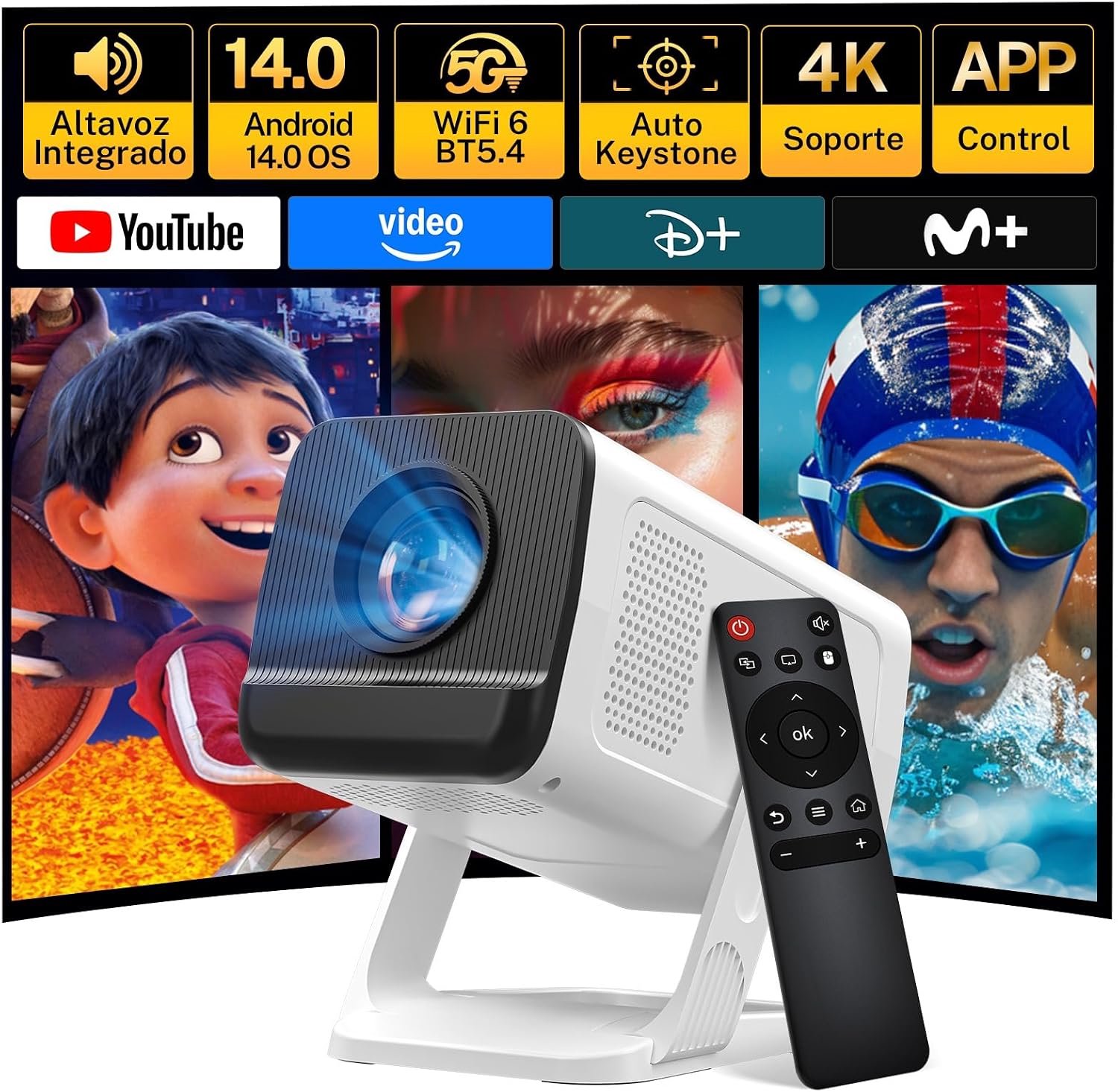 [Ingebouwde Apps & Android 14] Mini Beamer met 5G Wi-Fi 6, Bluetooth 5.4, Ondersteunt 4K/1080P, Auto Keystone, 270° Draaibaar - Compatibel met HDMI/TV Stick/USB/iOS/Android