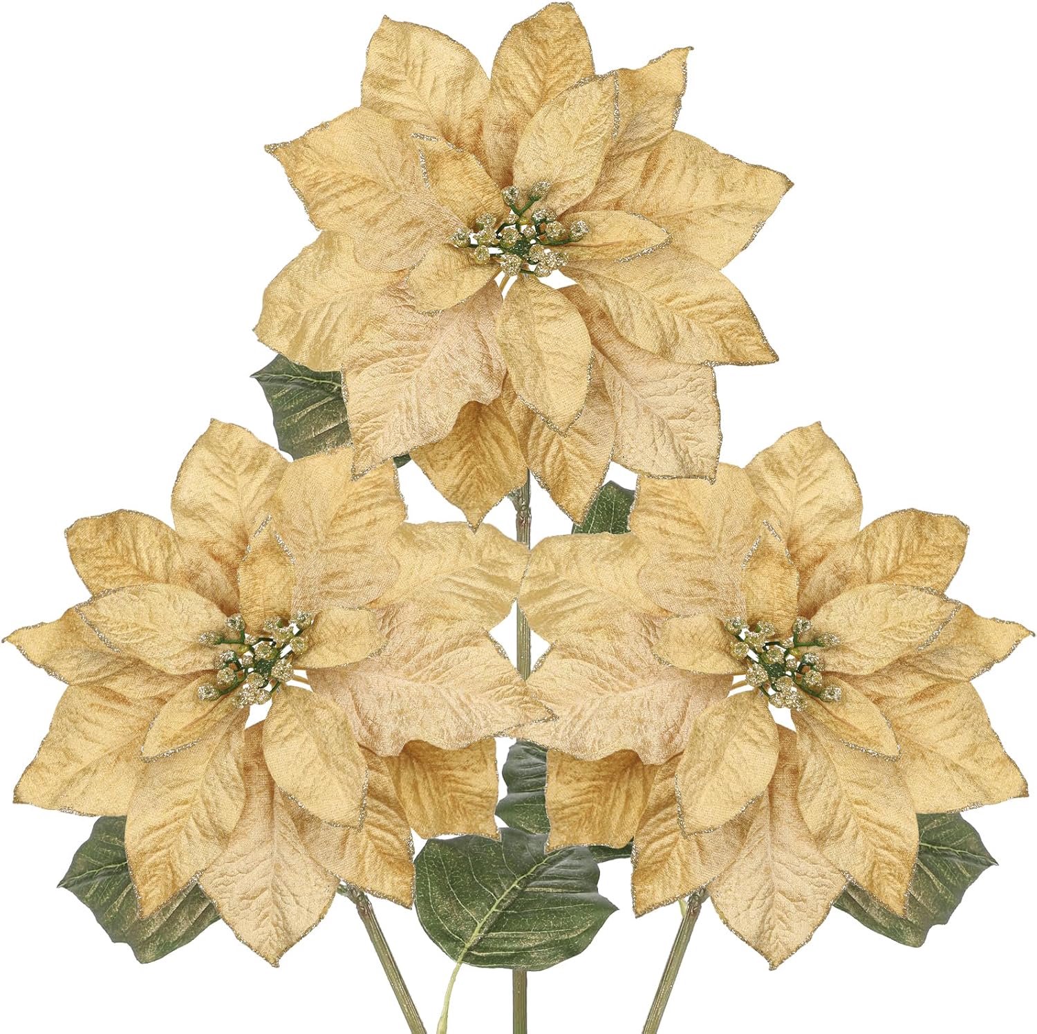 3 stuks kerstboomversieringen, gouden kerstster, kunstbloemen, 20 cm, grote kunstbloemen, kerstbloemen, plectrums voor kerstboom, vaas, slinger, tafelmiddelpunten, decoraties