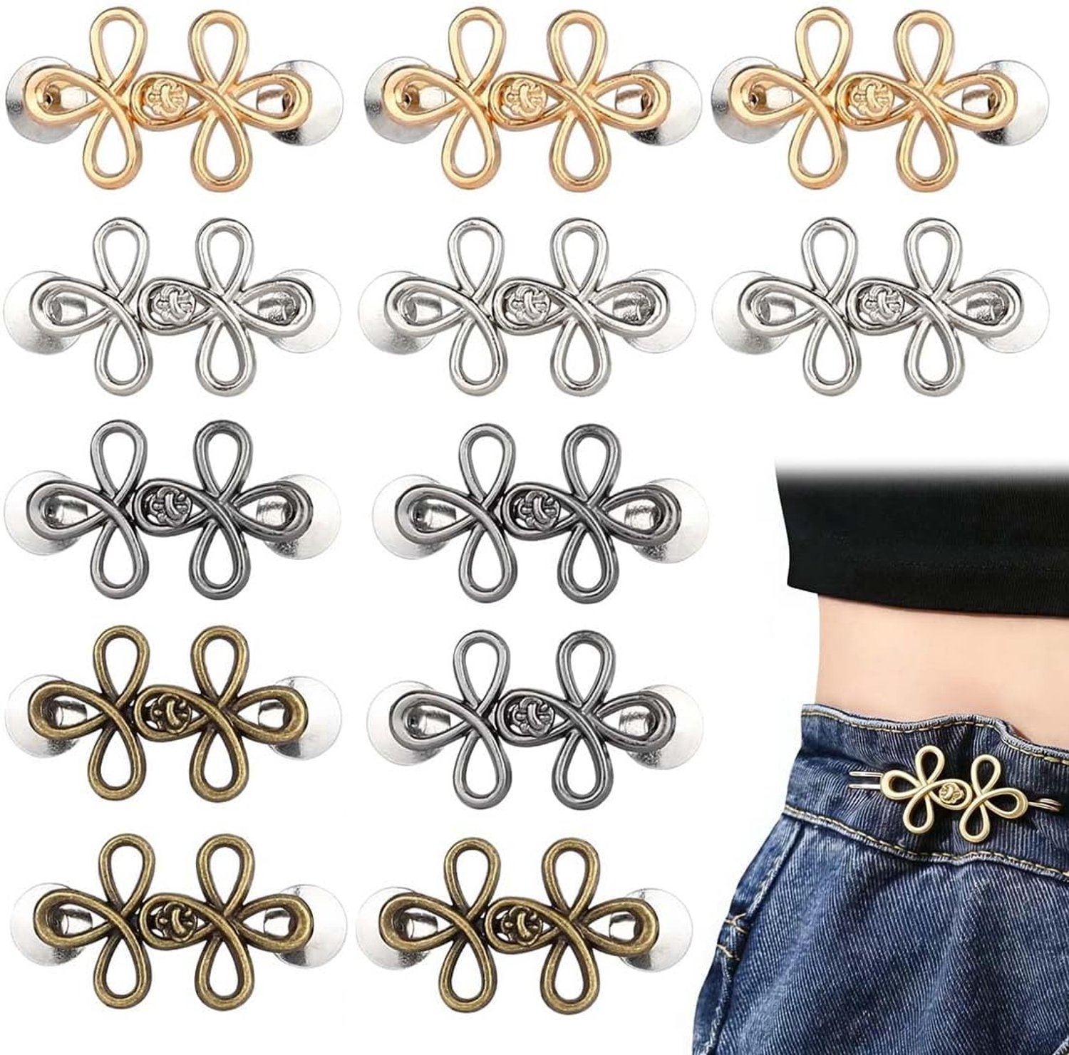 12 stuks clips om de taille te verkleinen – Verstelbare spelden (zonder naaien) voor jeans & broeken; maakt de tailleband van damesbroeken, jeans en rokken nauwer