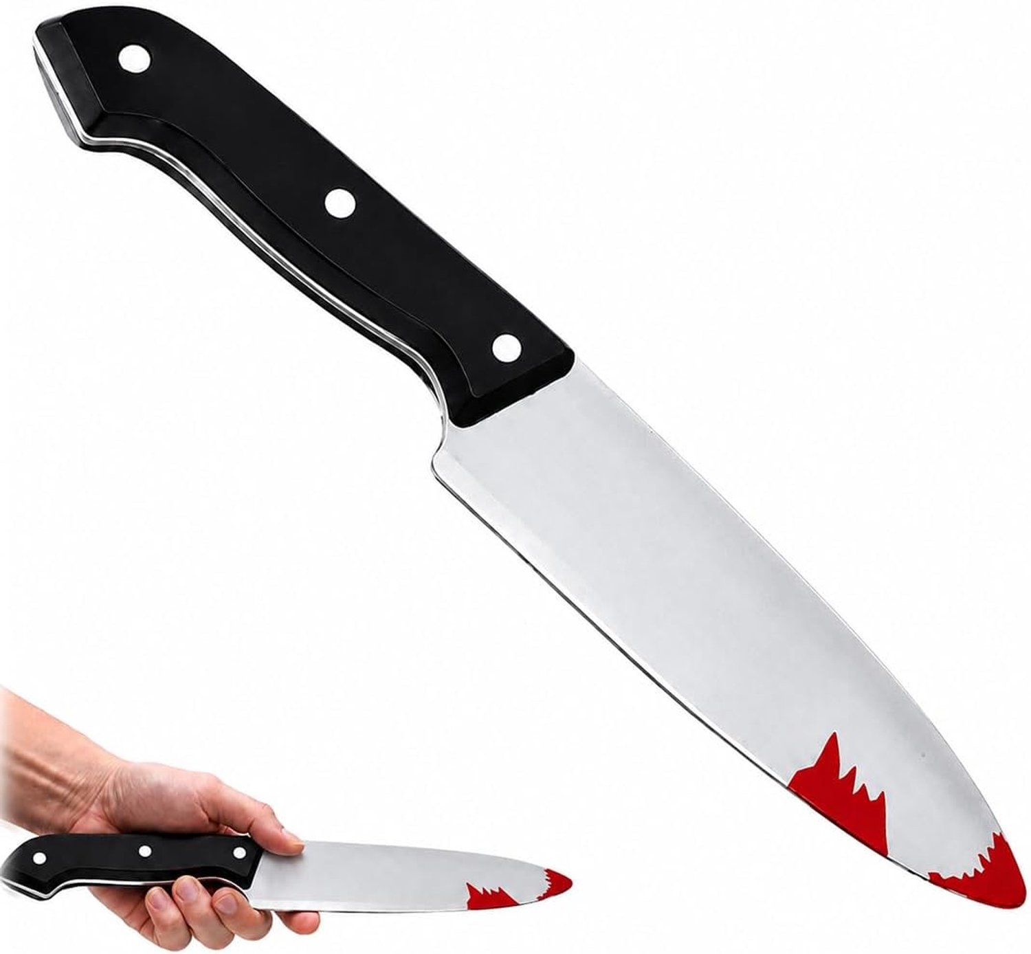 1 stuk Halloween nepmes met bloed - nepmes – horror decoratie grapartikel voor volwassenen en kinderen – 31 cm lang bloederig plastic mes als grapartikel