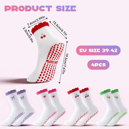 4 Paar Dames Pilates Sokken met Antislip Grip, Katoen, Maat 36-40 — afbeelding 5