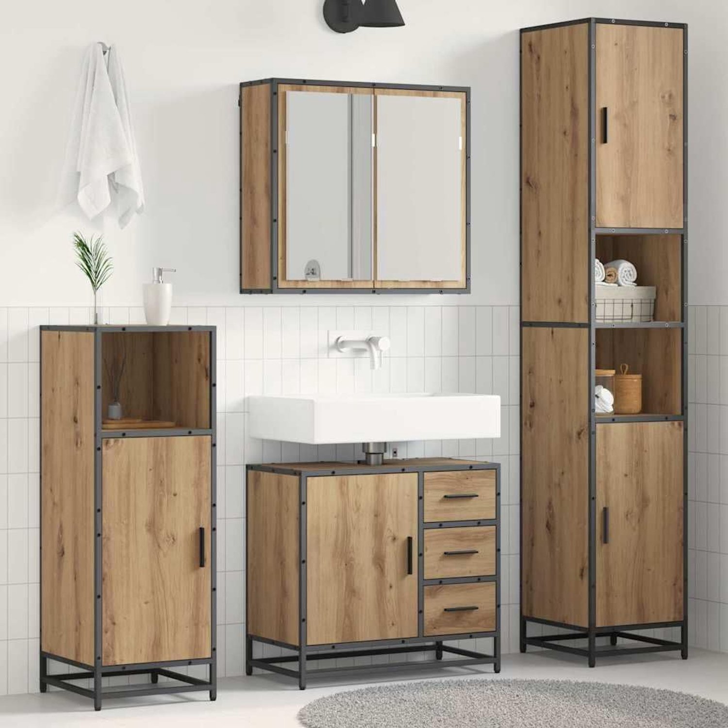 Badkamermeubelset met plank 3 stuks Artisan eiken houtmateriaal