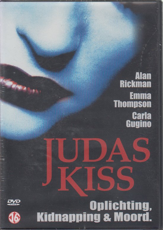 DVD-hoes Judas Kiss met een close-up van een gezicht, rode lippen en de tekst Oplichting, Kidnapping & Moord.