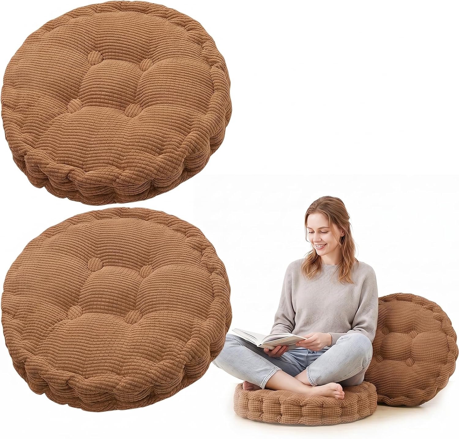 Set van 2 ronde stoelkussens, 40 x 40 cm, dik vloerkussen, zitkussen voor buiten en binnen, kussens voor zitkussen, stoel, stoelkussen, tuinstoelen voor eetkamer, woonkamer, koffiebruin