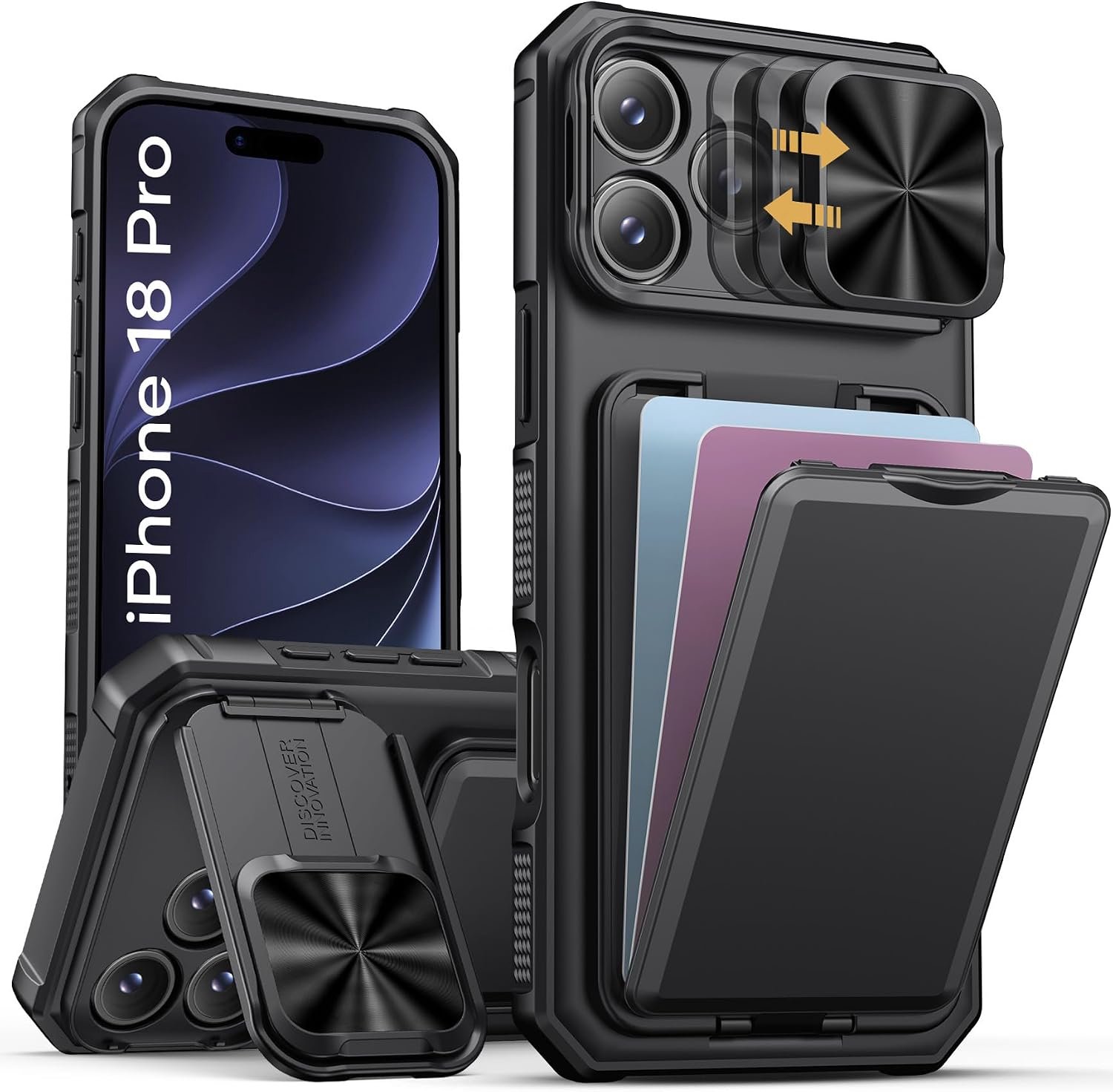 Zandarix Hoesje Geschikt voor Apple iPhone 18 Pro - Schuifbare Cameralens bescherming - Militaire Valbescherming - Kaarthouders - Back Cover Hoesje - Zwart