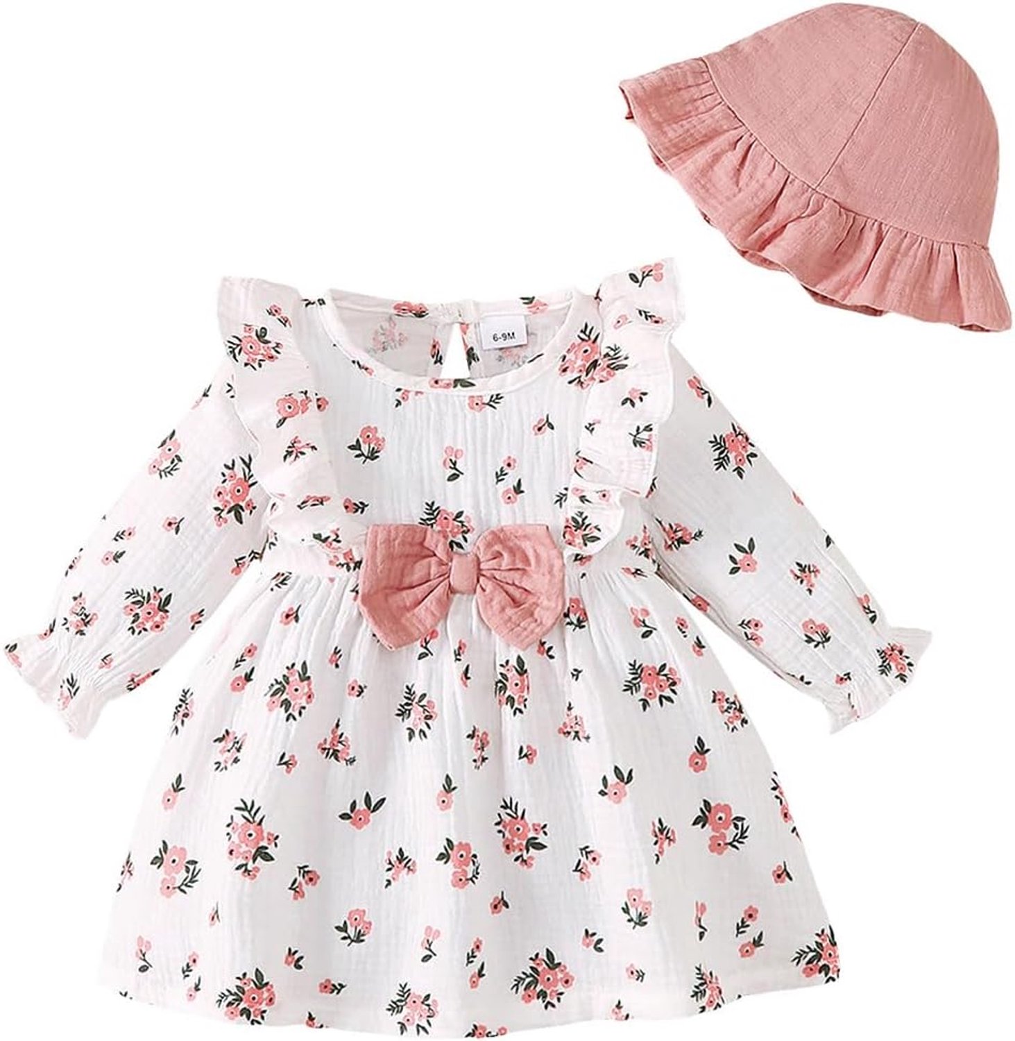Zomer- en herfstjurk voor peuters, babymeisjes, outfit met ruches, hart/bloemenpatroon, boho-jurk, schattige babyzomerjurk met hoed