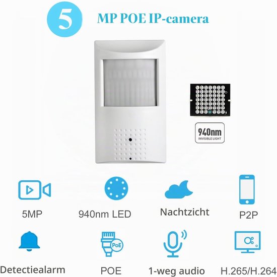 5MP Binnencamera PIR Pinhole Audio 940nm POE IP camera, 3,7 mm Lens IR LED IR Nachtzicht CCTV camera P2P H.265 (IPIR-P-A-HS Wit) — afbeelding 2
