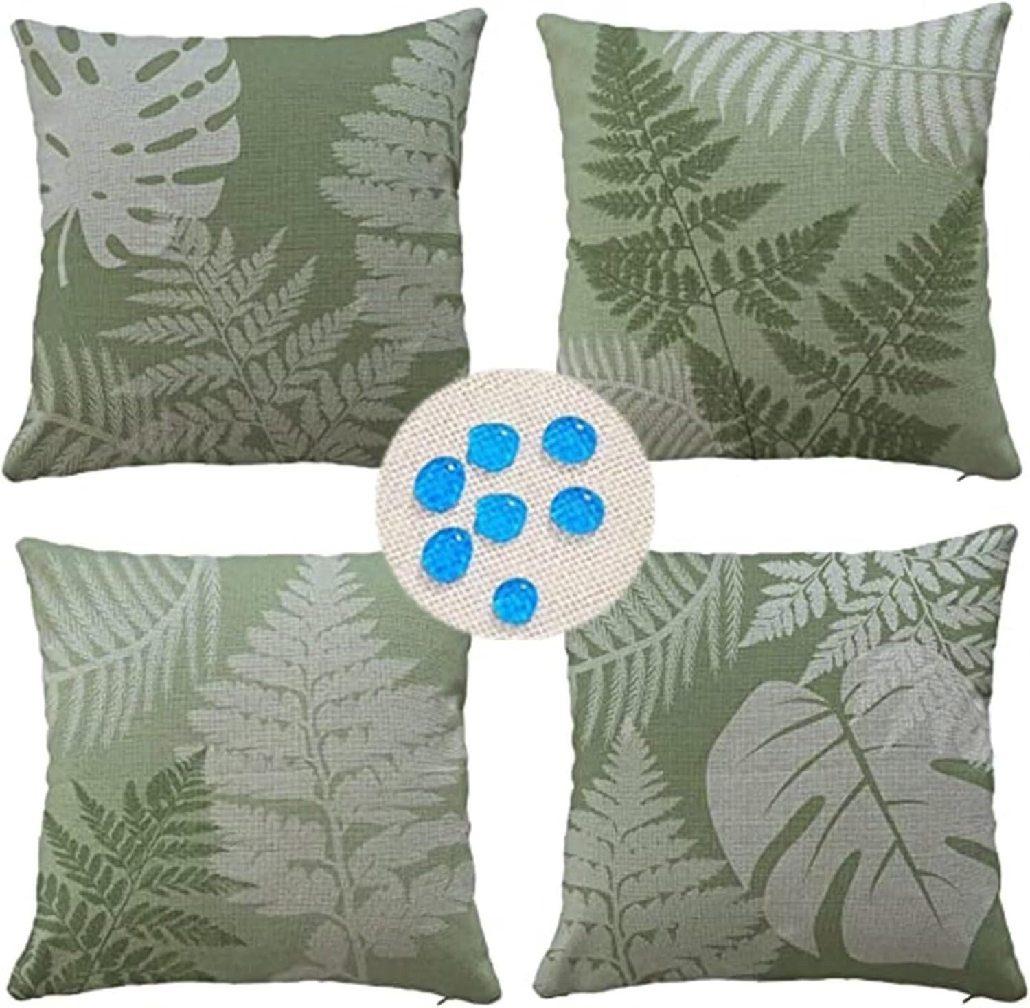 Outdoor Kussenhoezen 32x32 inch Set van 4 Waterbestendig Decoratieve Kussenslopen Linnen materiaal, Gedrukt Kussenslopen, voor tuinbank Slaapkamer, 80cm x 80cm Gans Ei Groene Bladeren