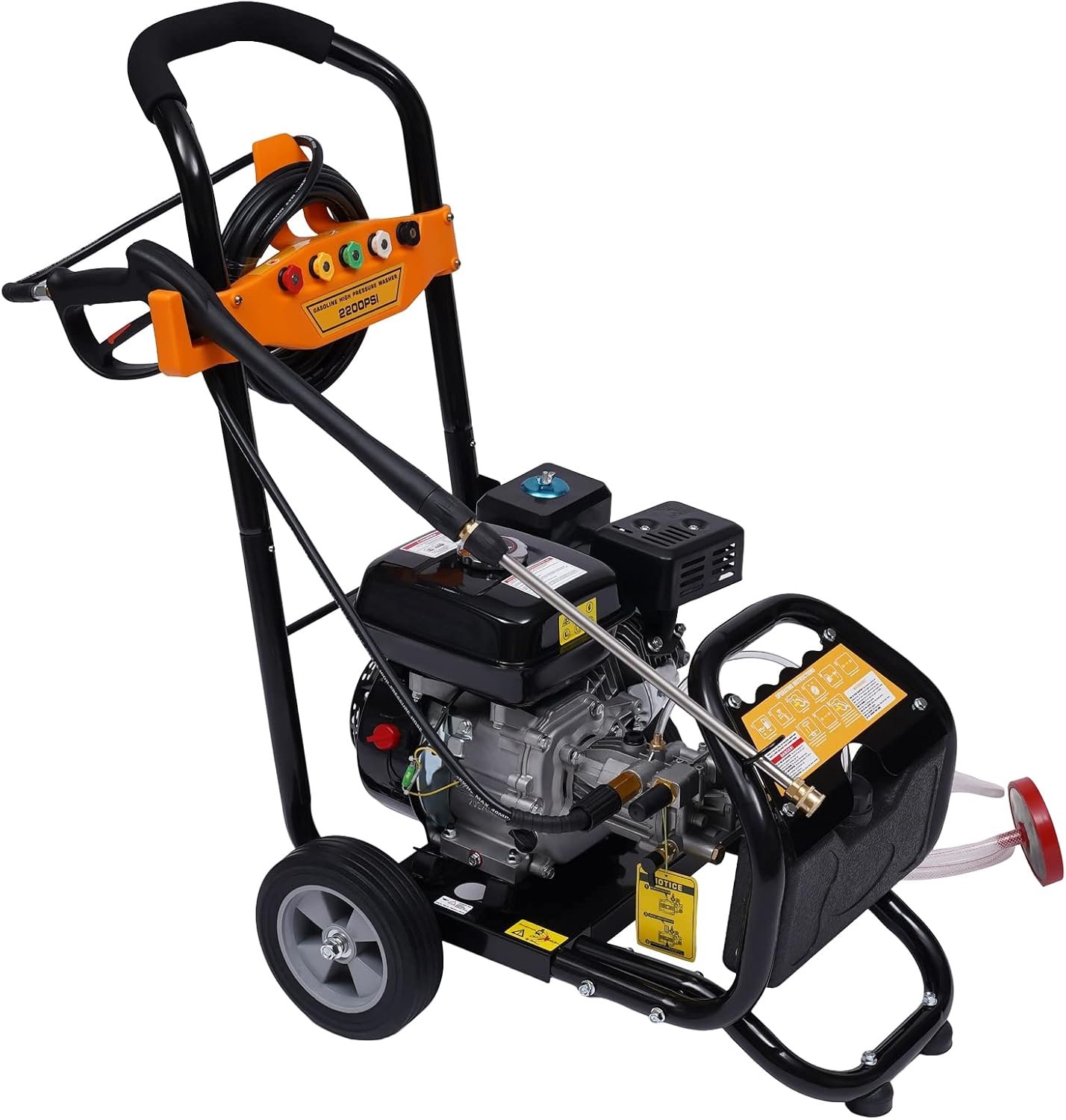 Benzine-hogedrukreiniger met slanghaspel, max. 220 bar, 3200 psi, 7 pk motor met 210 ccm, reinigingsmachine met 5 sproeiers