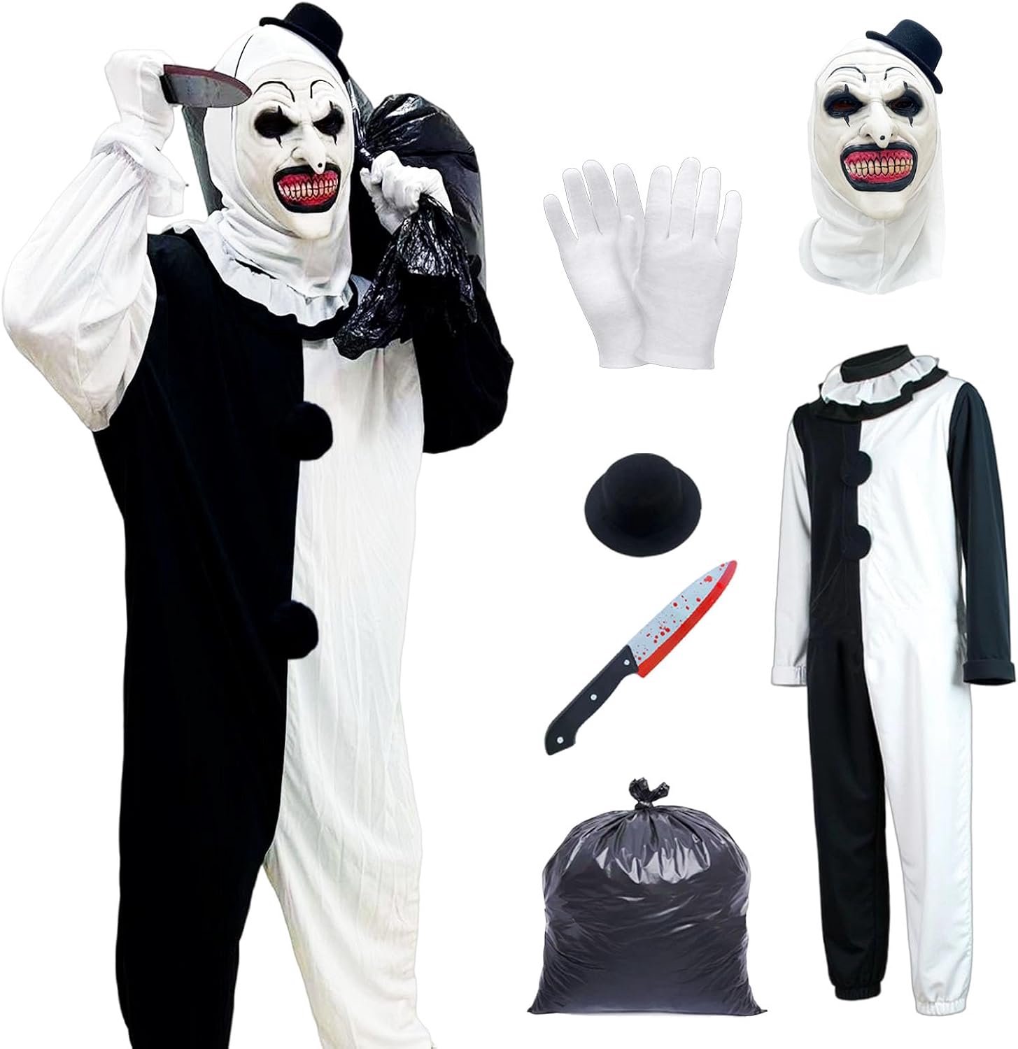 Horrorclown cosplay kostuum overall masker, terrifier kostuum, zwart wit clown overall, Halloween unisex cosplay kostuumset