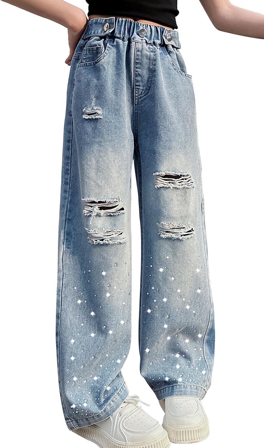 Jeansbroek voor meisjes, met wijde pijpen, vintage stijl, baggy rechte jeansbroek