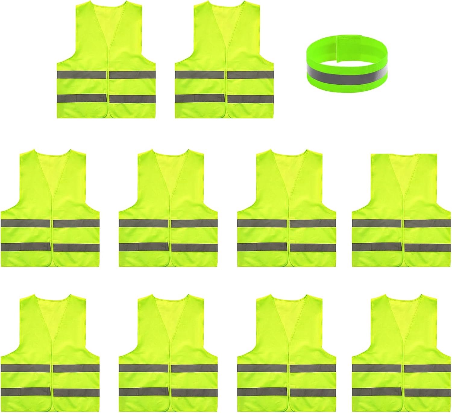 Veiligheidsvest, 10 stuks, reflecterend veiligheidsvest, veiligheidsvest met hoge zichtbaarheid, groen, met 1 groene elastische band, voor nachtfietsen, hardlopen, wandelen, wandelen