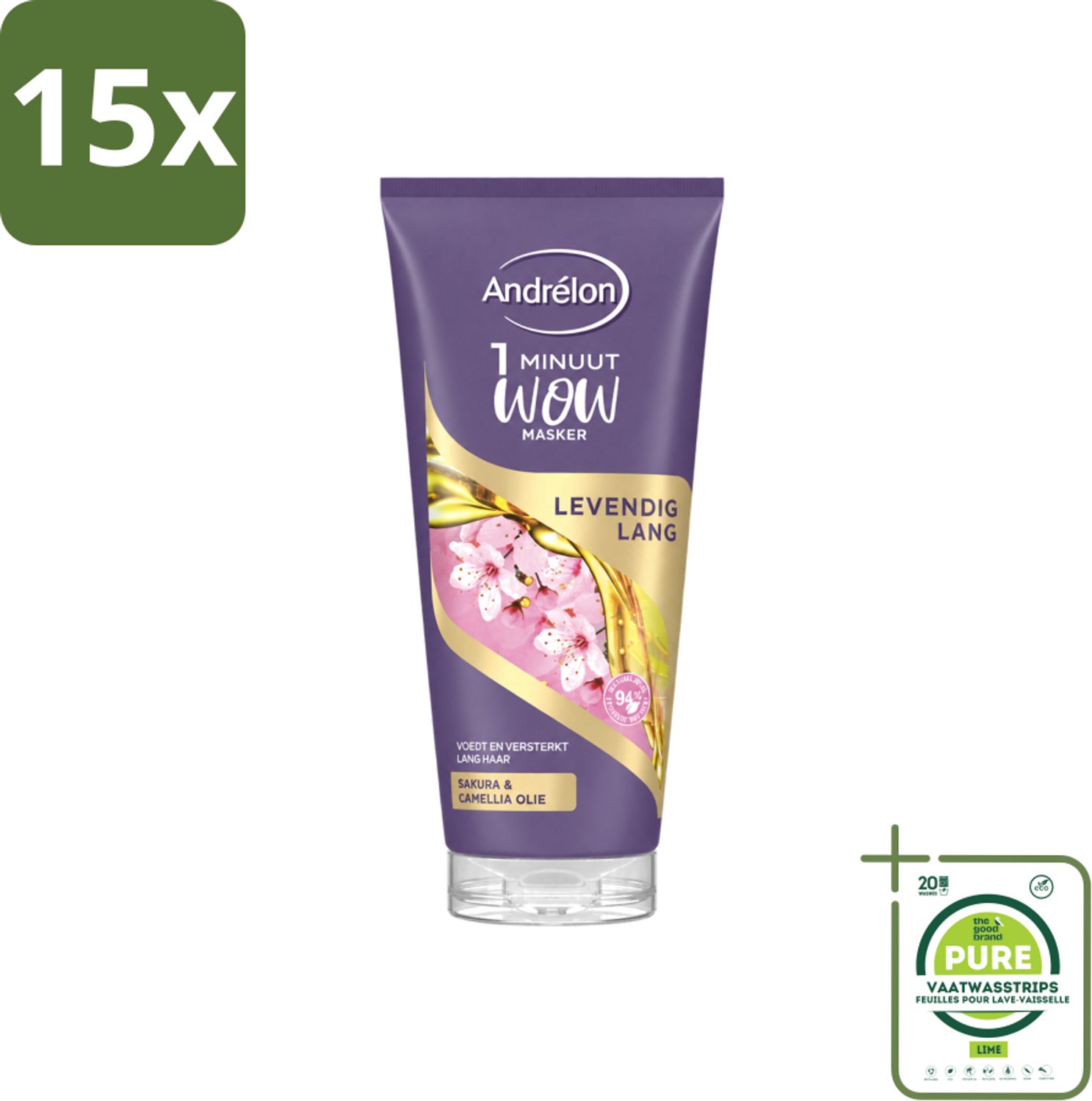15 x Andrélon - WOW - Masker - Levendig Lang - 180 ml - Grootverpakking - Vaatwasstrips - Haarmasker - Lang Haar - Intensieve Verzorging - 1 Minuut - Sakura-olie
