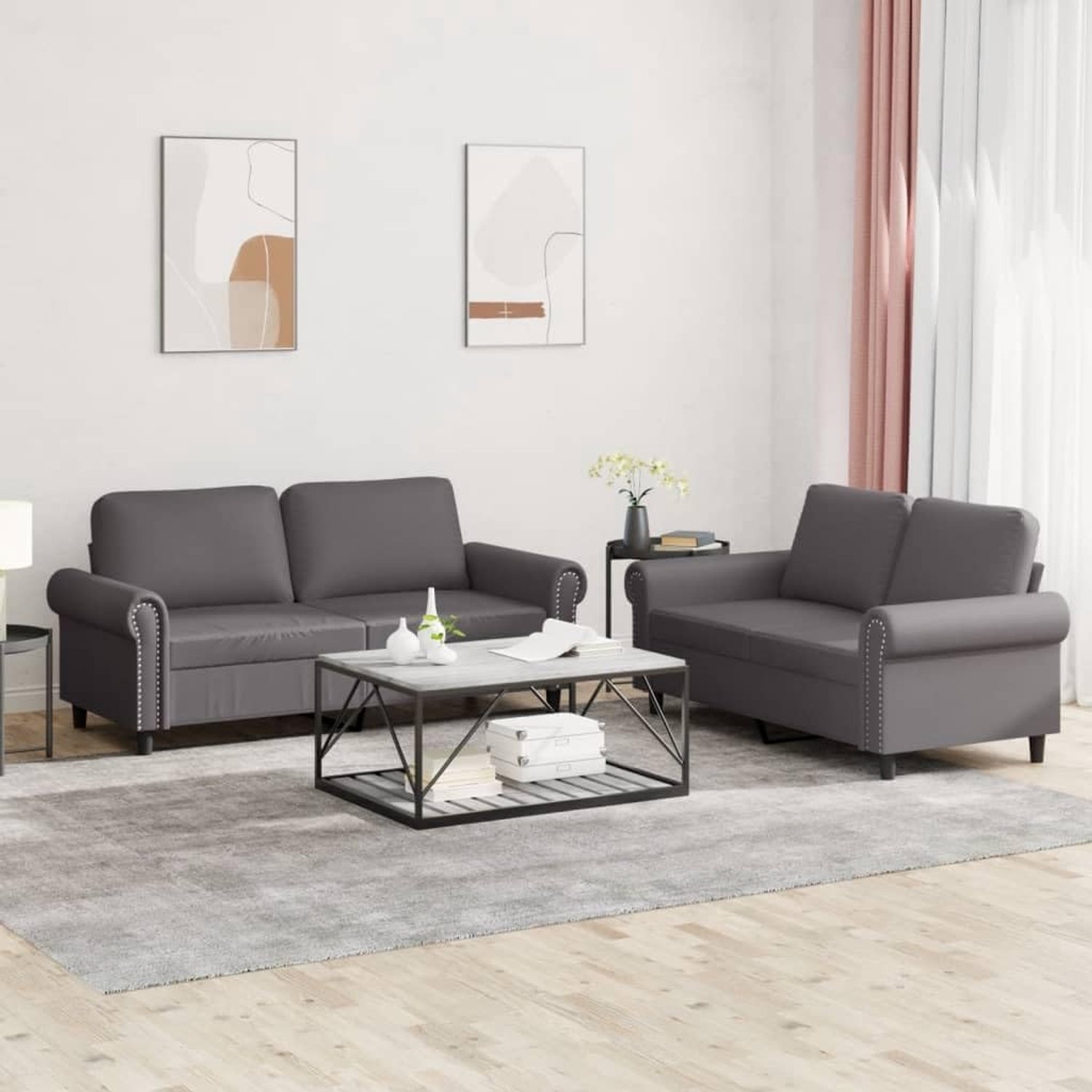 2-delige bankstel met kussen, grijs kunstleer, duurzaam gestoffeerde meubels voor woonkamer, robuust zitcomfort met metalen frame