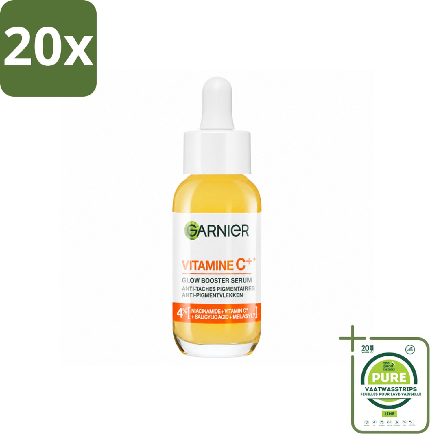20 x Garnier - SkinActive - Serum - Vitamine C - Tegen Pigmentvlekken - Niacinamide & Salicylzuur - 30 ml - Grootverpakking - Vaatwasstrips - Vitamine C Serum - Pigmentvlekken - Huidverzorging - Stralende Huid - Huidvernieuwing