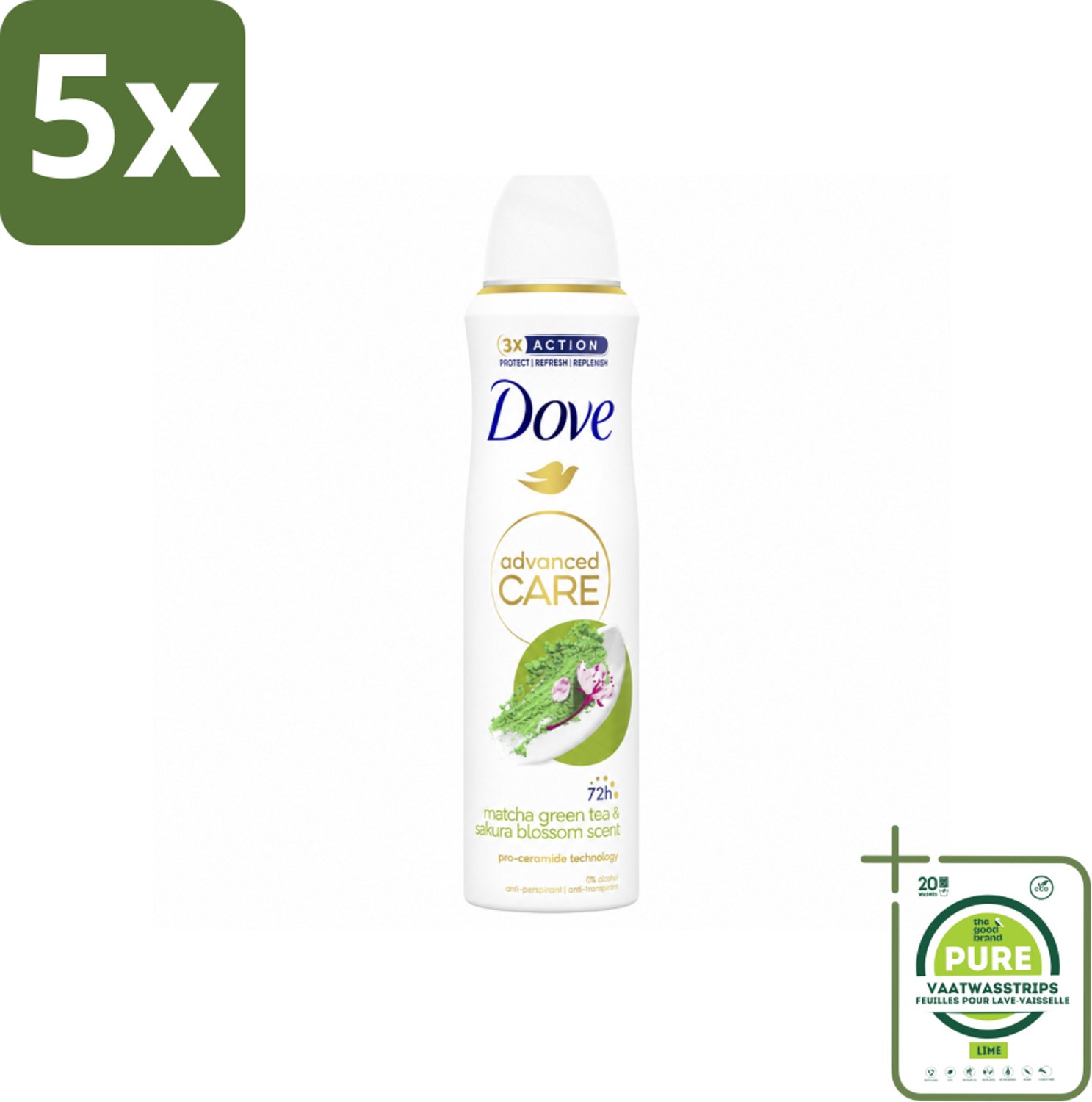 5 x Dove Deodorant Spray - Matcha & Sakura - 150 ml - Grootverpakking - Vaatwasstrips - Deodorant Spray - Matcha En Sakura - Anti-transpirant - Zweetvermindering - Frisheid