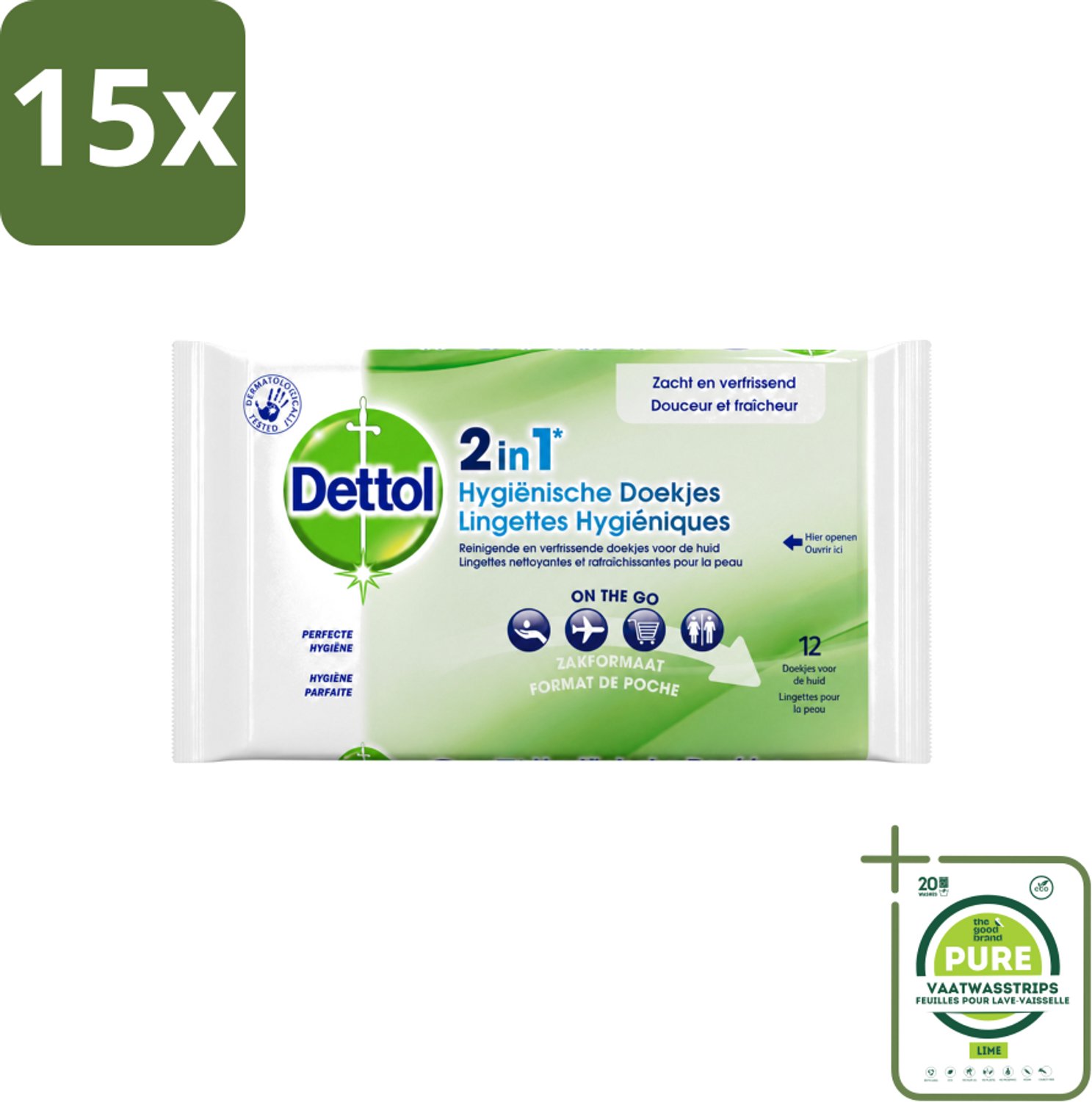 15 x Dettol - Reinigingsdoekjes - 2-in-1 Reiniging & Desinfectie - On the Go - 12 Doekjes - Grootverpakking - Vaatwasstrips - Hygiëne - Reinigen - Desinfectie - Doekjes - Bacteriënbestrijding