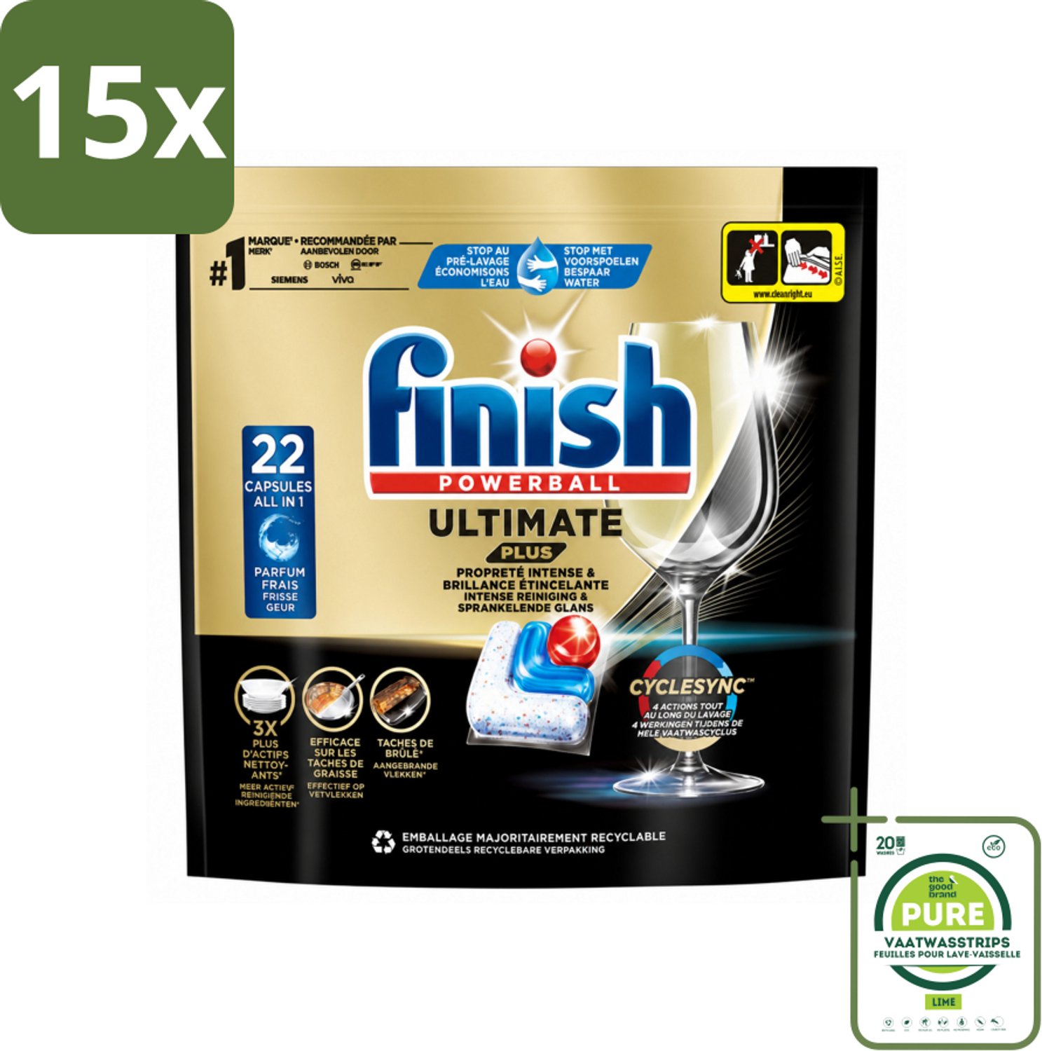 15 x Finish - Vaatwasmiddel - Ultimate Plus Vaatwastabletten Regular - Krachtige Alles-in-1 Reiniging - 22 capsules - Grootverpakking - Vaatwasstrips - Vaatwastabletten - Vaatwasmachine - Reinigingsmiddel - Glans - Vaat Reinigen
