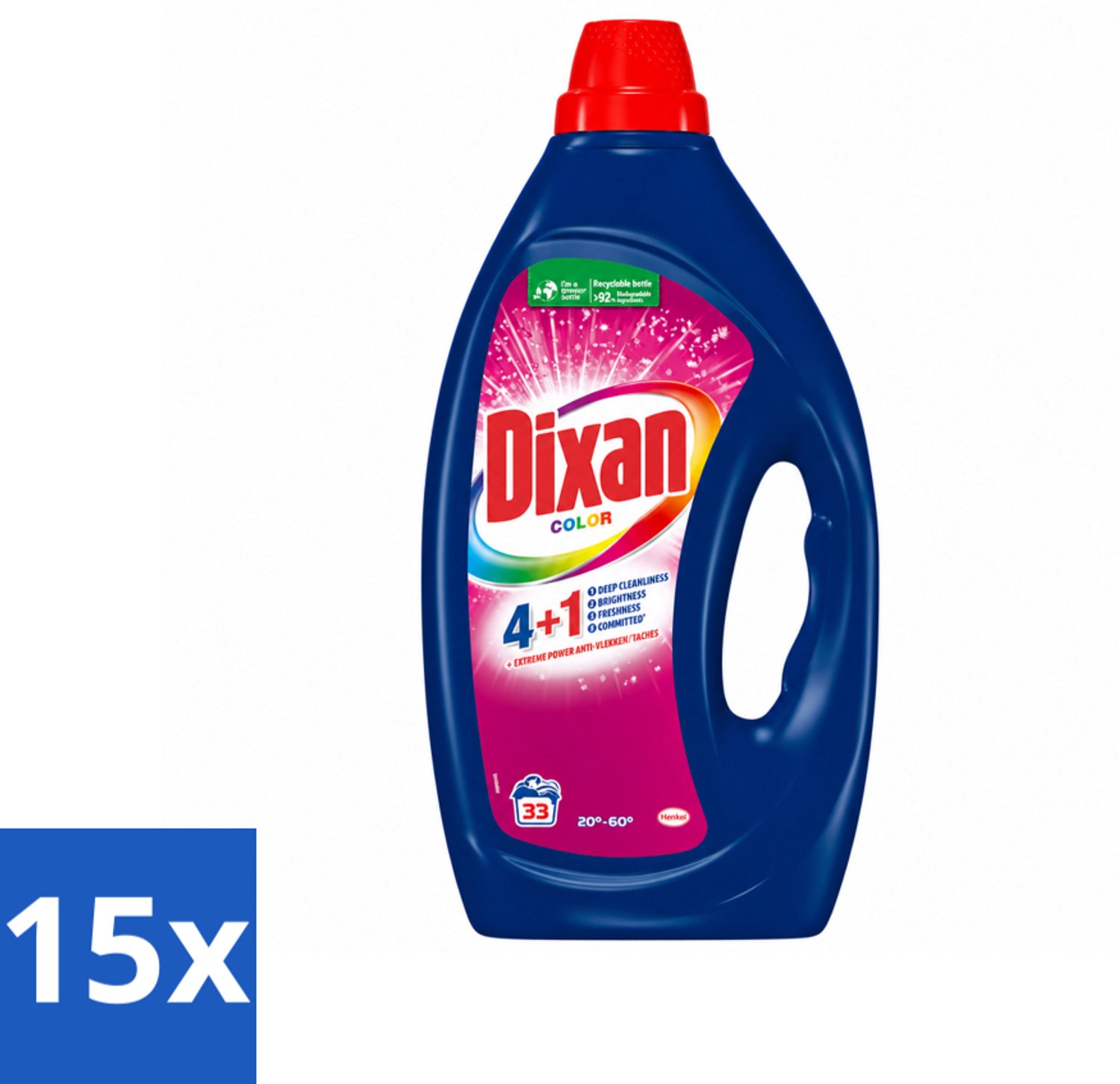 15 x Dixan - Vloeibaar wasmiddel - Voor gekleurde was - 33 wasbeurten - Voordeelverpakking - 15 stuks