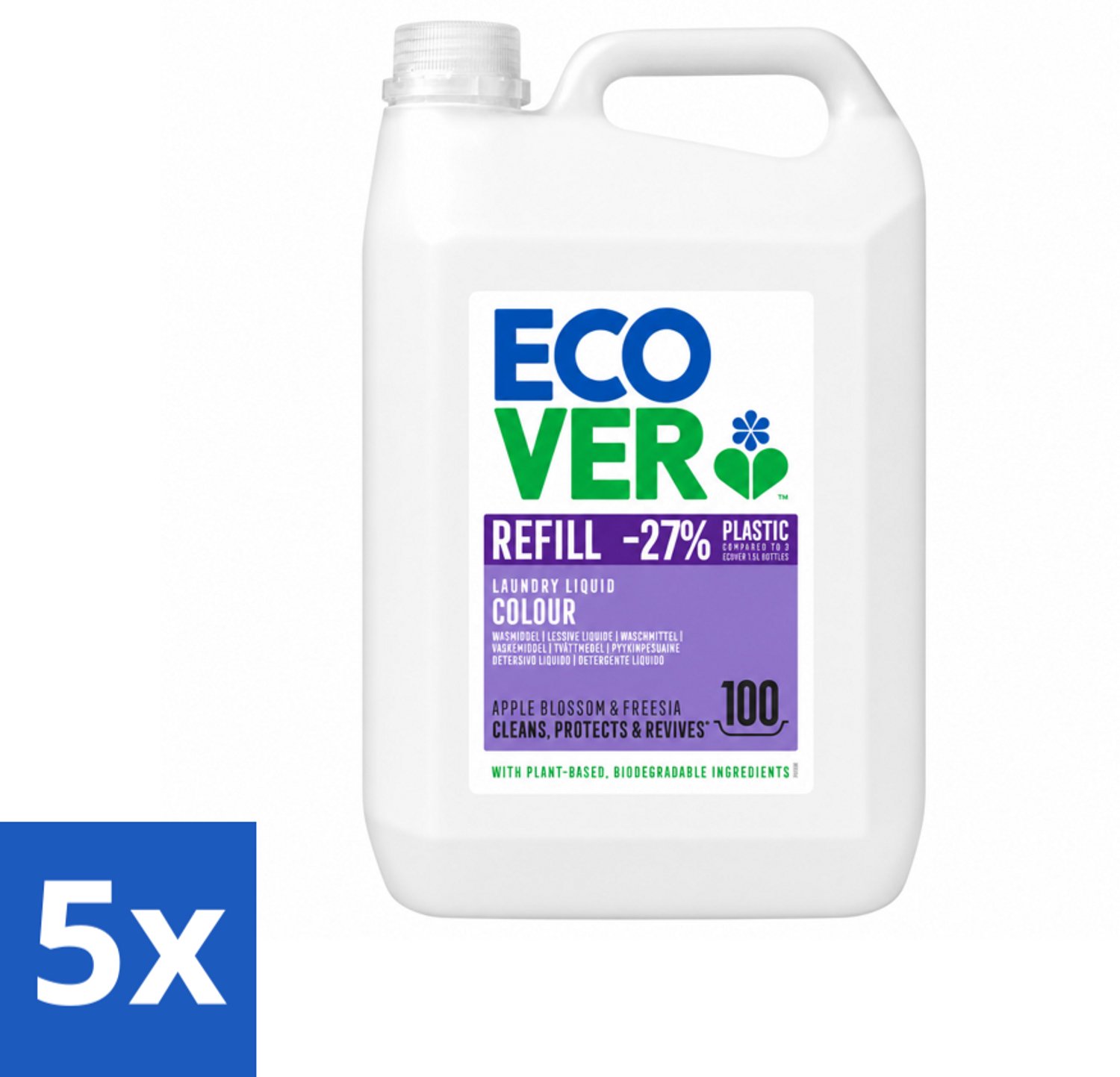 5 x Ecover - Vloeibaar wasmiddel - Color - Appelbloesem & Freesia - 5 liter - 100 wasbeurten - Voordeelverpakking - 5 stuks
