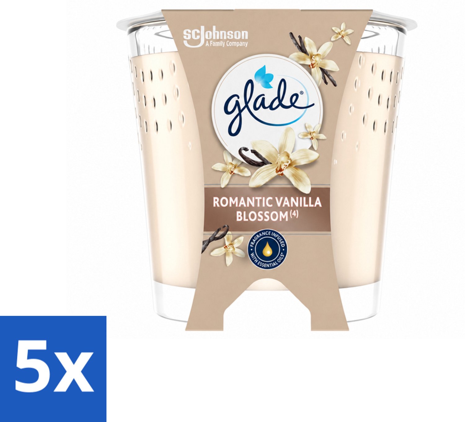 5 x Glade - Geurkaars Romantic Vanillebloesem - 100% Raapzaadwas & Vegan - 112 g - Voordeelverpakking - 5 stuks