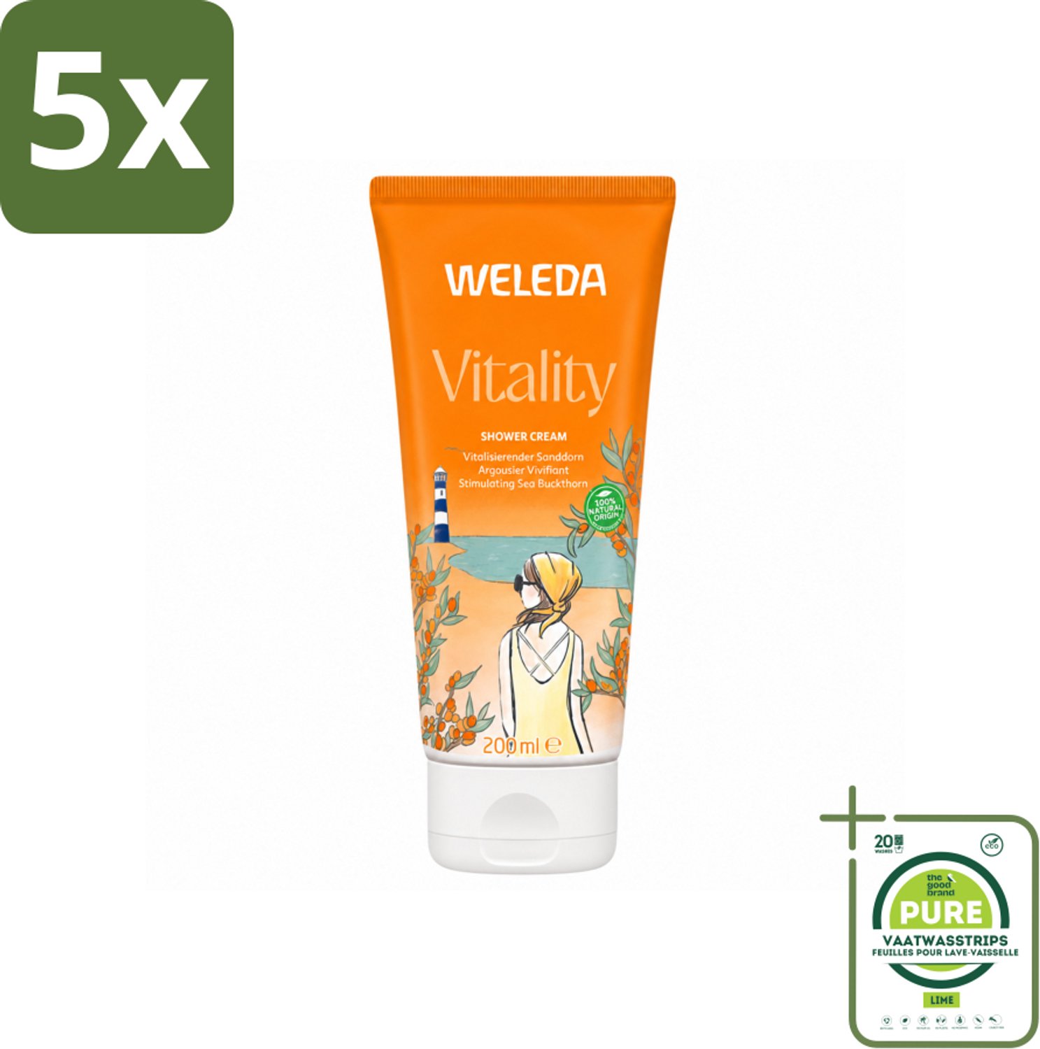 5 x WELEDA - Douchecrème Duindoorn Vitality - 200 ml - Grootverpakking - Vaatwasstrips - Douchecrème - Natuurlijke Douchecrème - Duindoornolie - Biologische Douchecrème - Frisse Geur