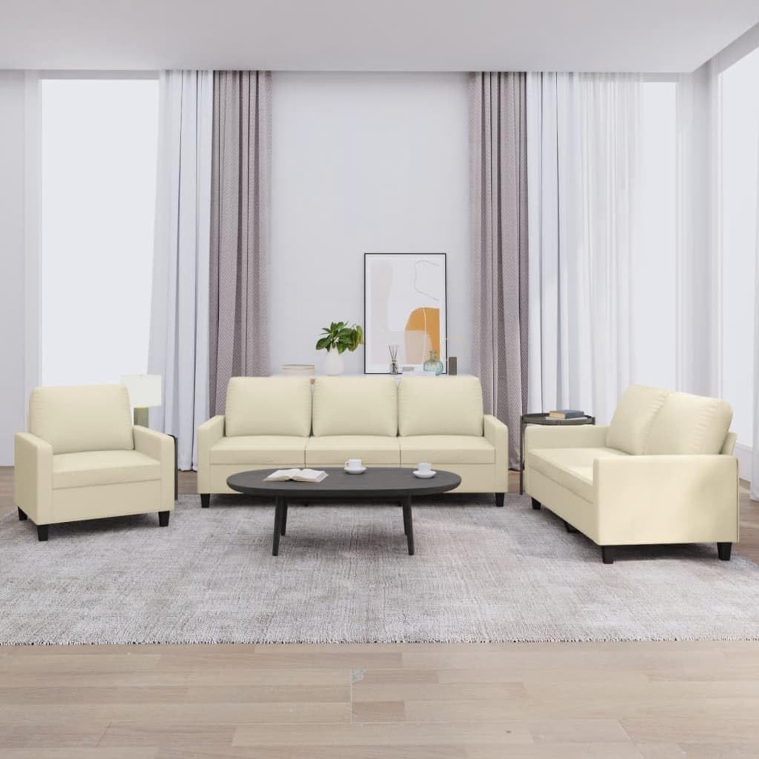 3-delig bankstel met kussen crème kunstleer hoekgarnituur sofa voor woonkamer met robuust frame