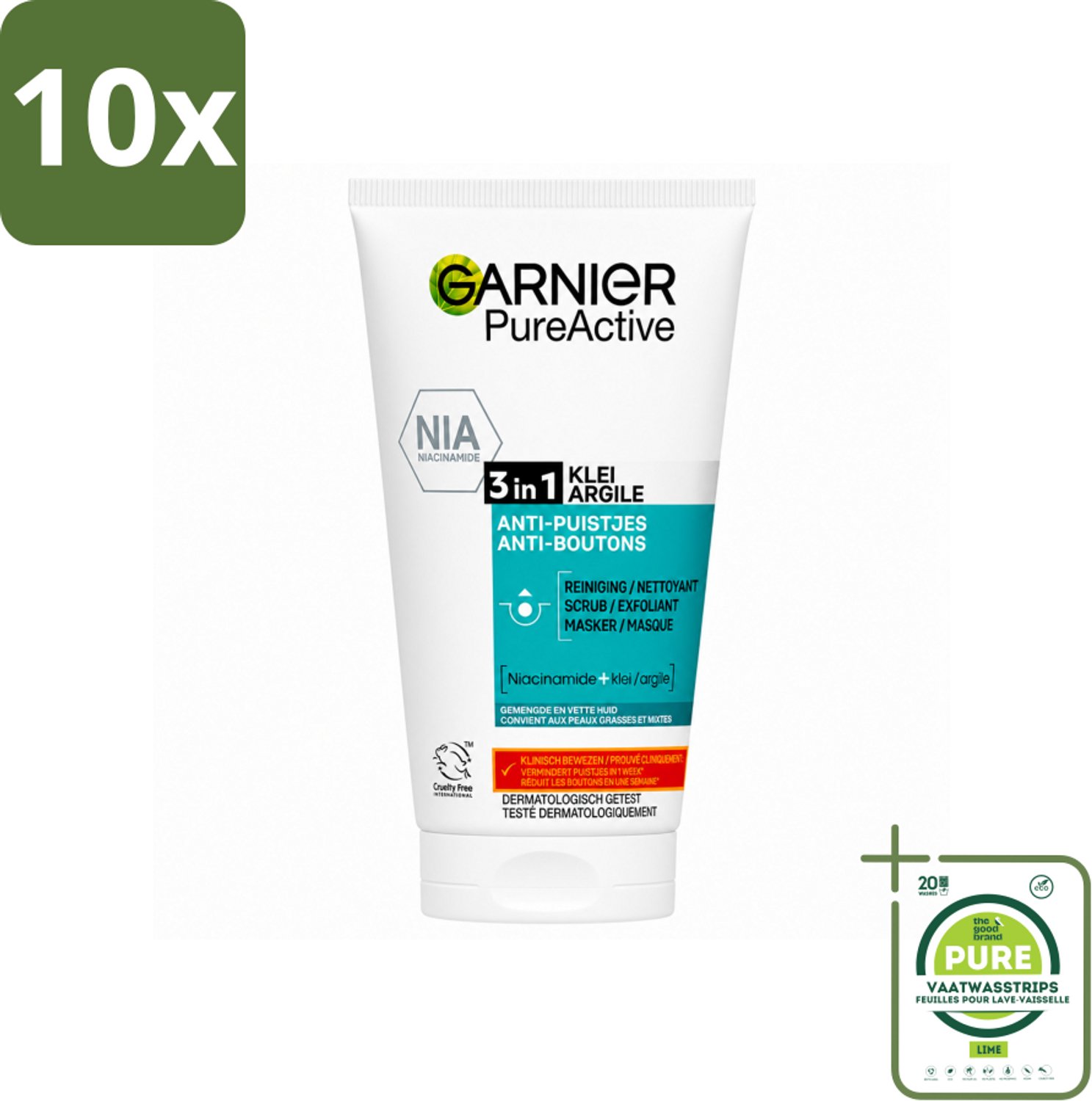 10 x Garnier - Pure Active - 3-in-1 Reiniging Scrub Masker - Tegen Puistjes & Onzuiverheden - Klei & Niacinamide - 150 ml - Grootverpakking - Vaatwasstrips - 3-in-1 Reiniging - Puistjes - Mee-eters - Huid Reinigen - Matte Huid