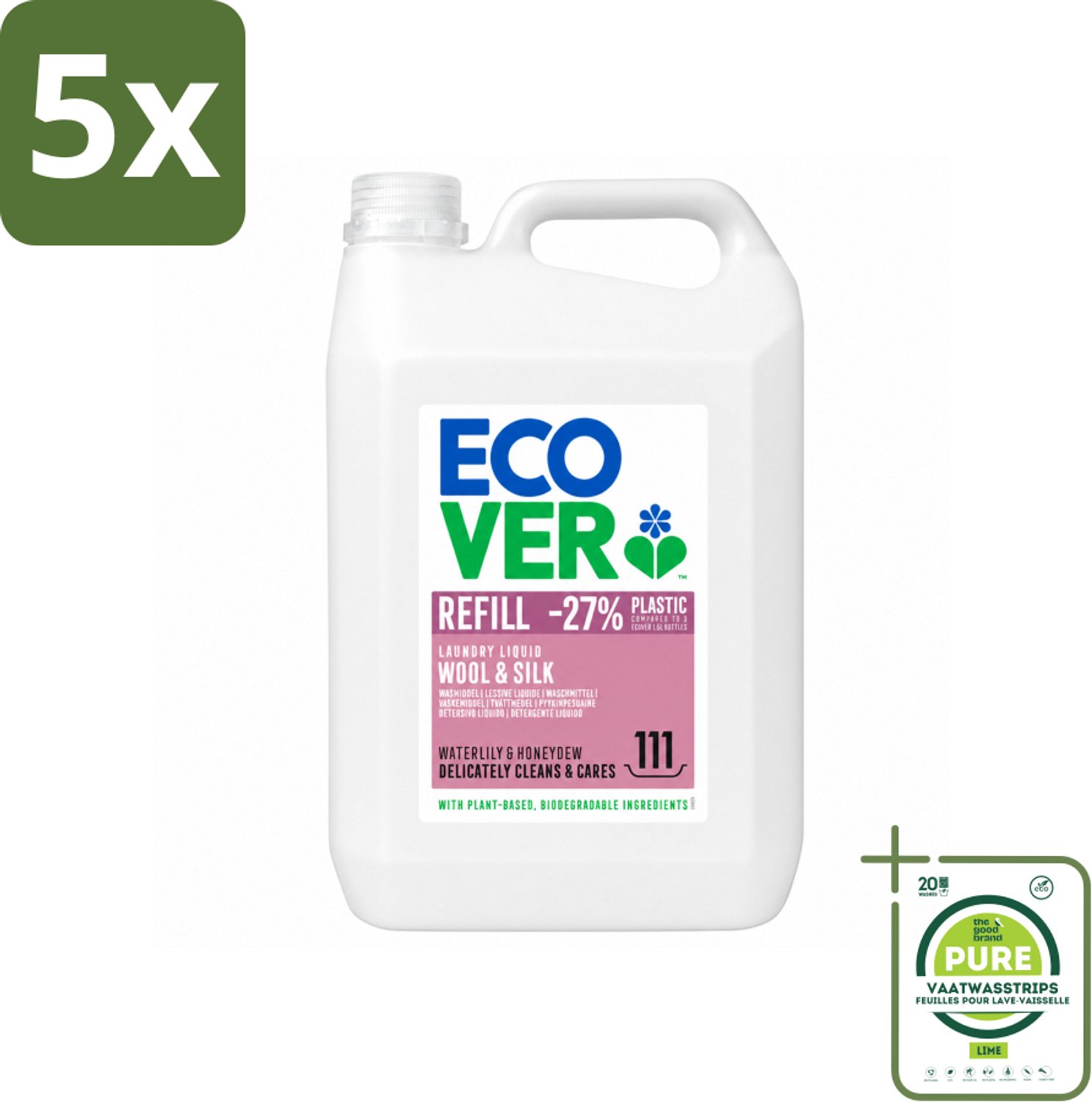 5 x Ecover - Vloeibaar wasmiddel - Wol & Fijnwas - Waterlelie & Honingmeloen - 5 liter - 111 wasbeurten - Grootverpakking - Vaatwasstrips - Fijnwas - Wolwas - Delicate Stoffen - Natuurlijk Wasmiddel - Zachte Reiniging