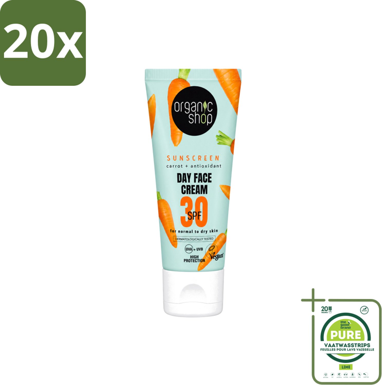 20 x Organic Shop - Zonnebrandcrème Gezicht SPF 30 - Normale Huid - 50 ml - Grootverpakking - Vaatwasstrips - Zonbescherming - Gezichtscreme - SPF 30 - Natuurlijke Zonnebrand - Huidbescherming