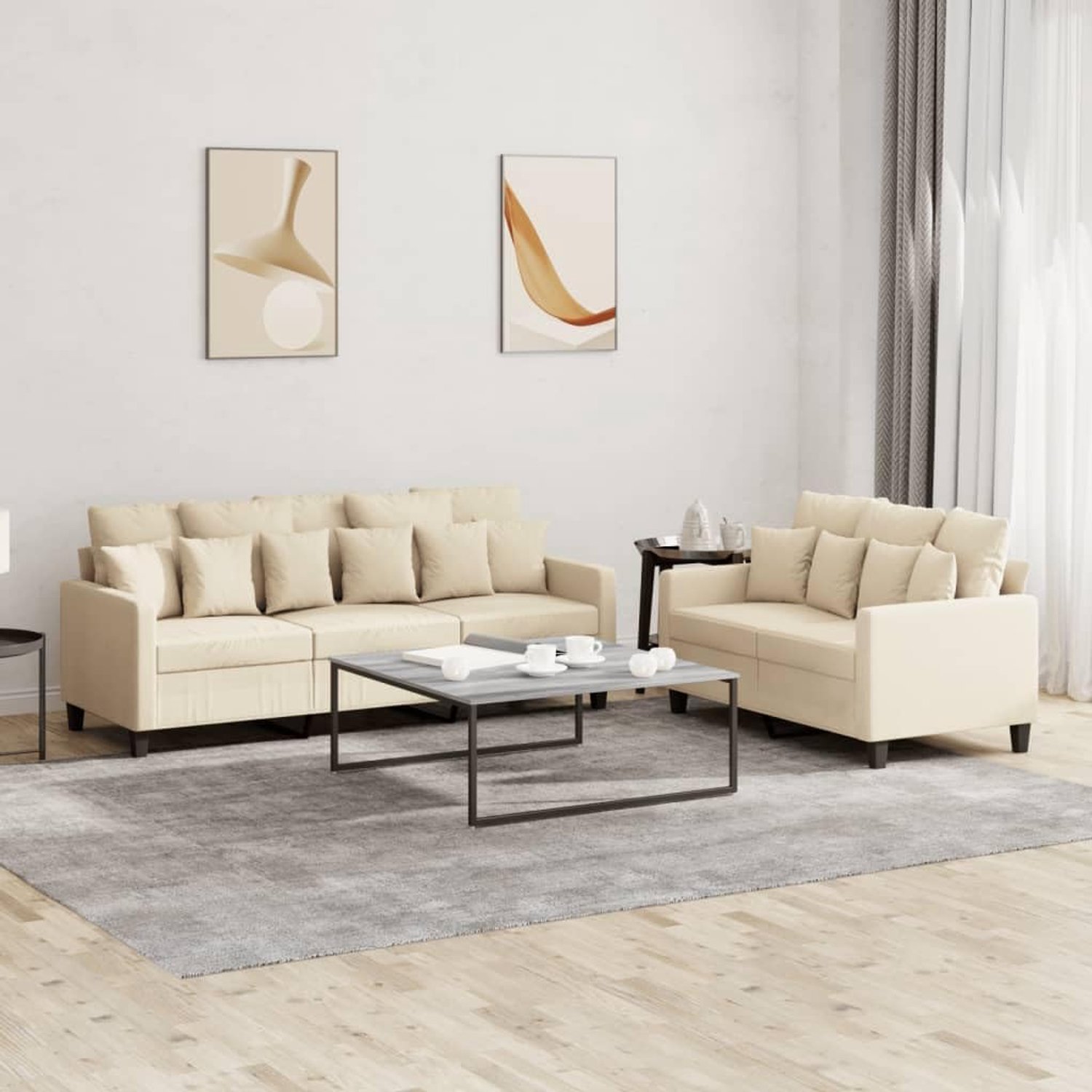 2-delige bankstel met kussen crème stof en comfortabele zitvlakken, robuust frame voor duurzaam gebruik met stoffen sofa kwaliteit