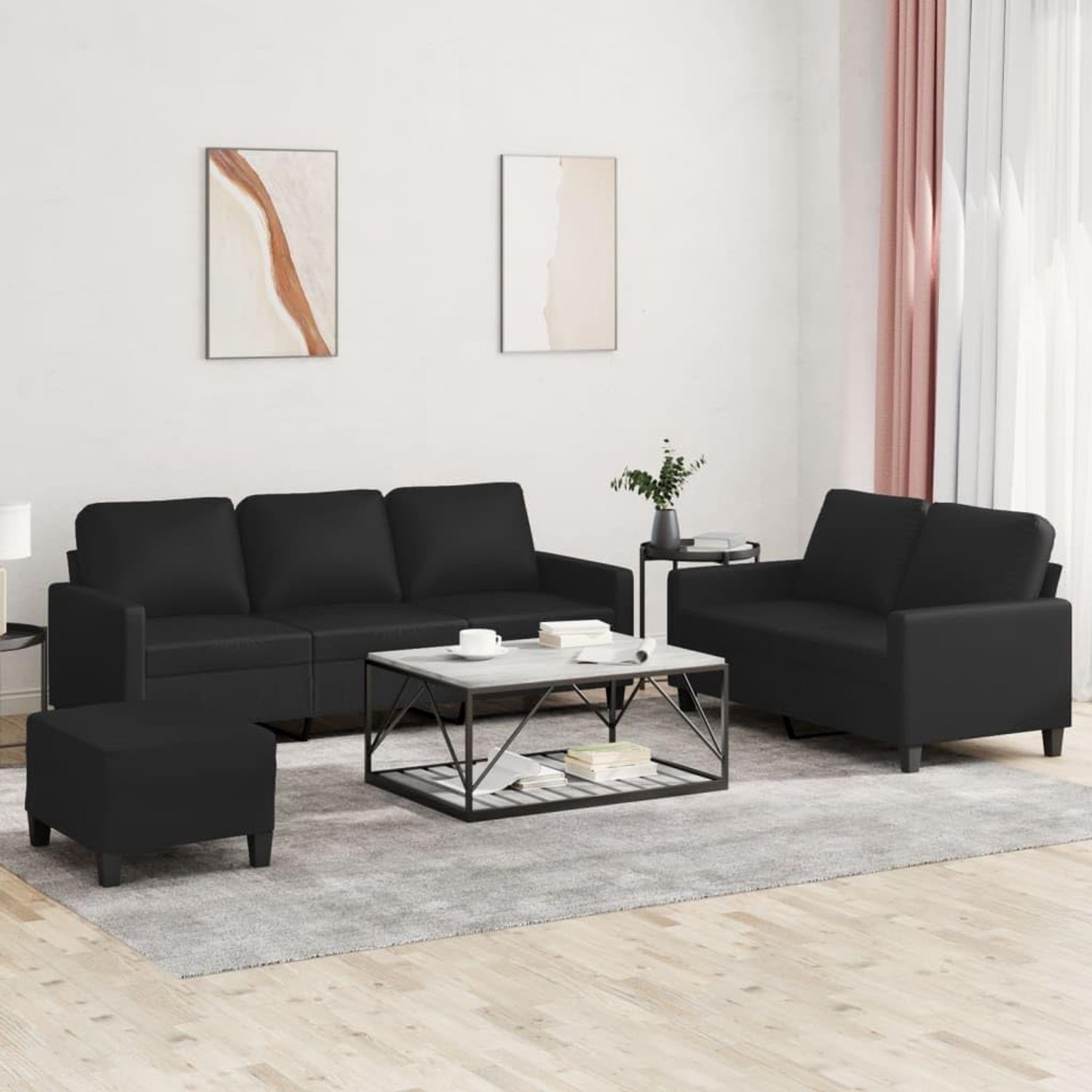 3-delige slaapbank set met kussen in zwart kunstleer voor woonkamer en logeerkamer, 3-delig. Bankset met comfortabele bekleding en robuust metalen frame