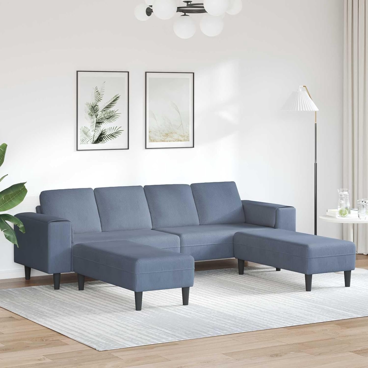 Bank met corduroy overtrek en veren kussen in blauw 250 x 188 x 76 cm voor woonkamer bank met ademend design en stabiele zwarte voeten