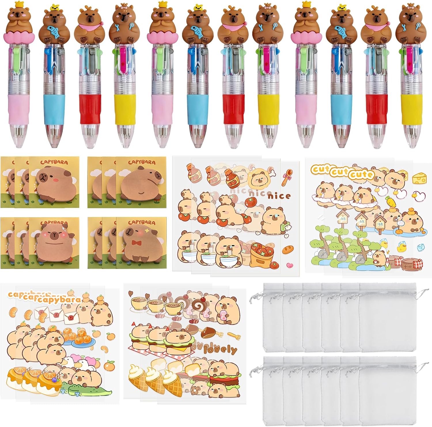 48 stuks Capybara Thema Feestcadeaus, Capybara Papeterie Feest met 4-in-1 Balpen, Notitieblok en Organza Cadeauzakje voor Studenten, Kantoor, School, Kinderthema Feestcadeaus
