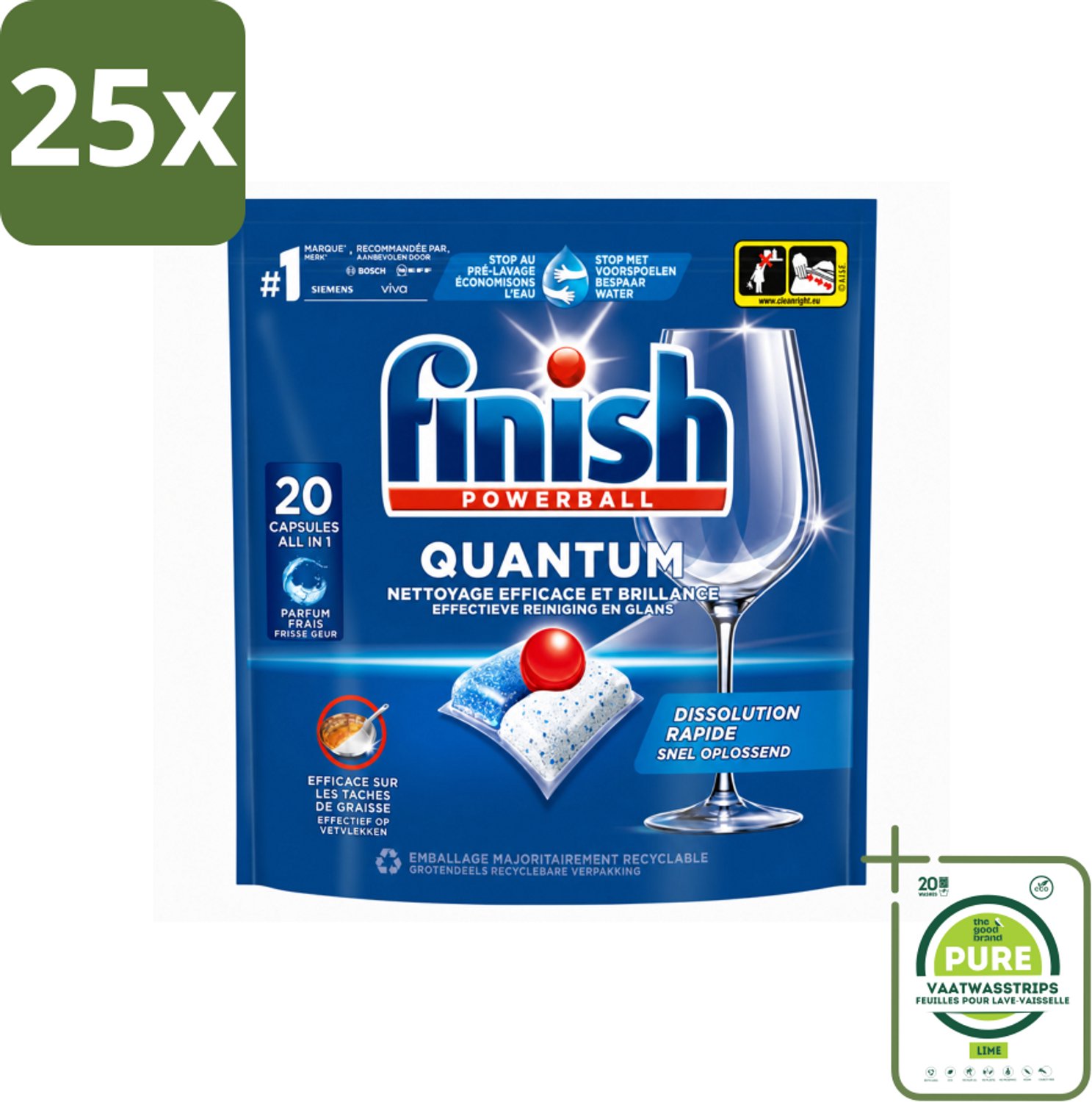 25 x Finish - Vaatwasmiddel - Quantum Vaatwastabletten Regular - Diepe Reiniging - 20 capsules - Grootverpakking - Vaatwasstrips - Vaatwasmiddel - Vaatwasmiddel Quantum - Vaatwasmiddel 3-in-1 - Vaatwasmiddel Met Glans - Vaatwasmiddel Voor Glas
