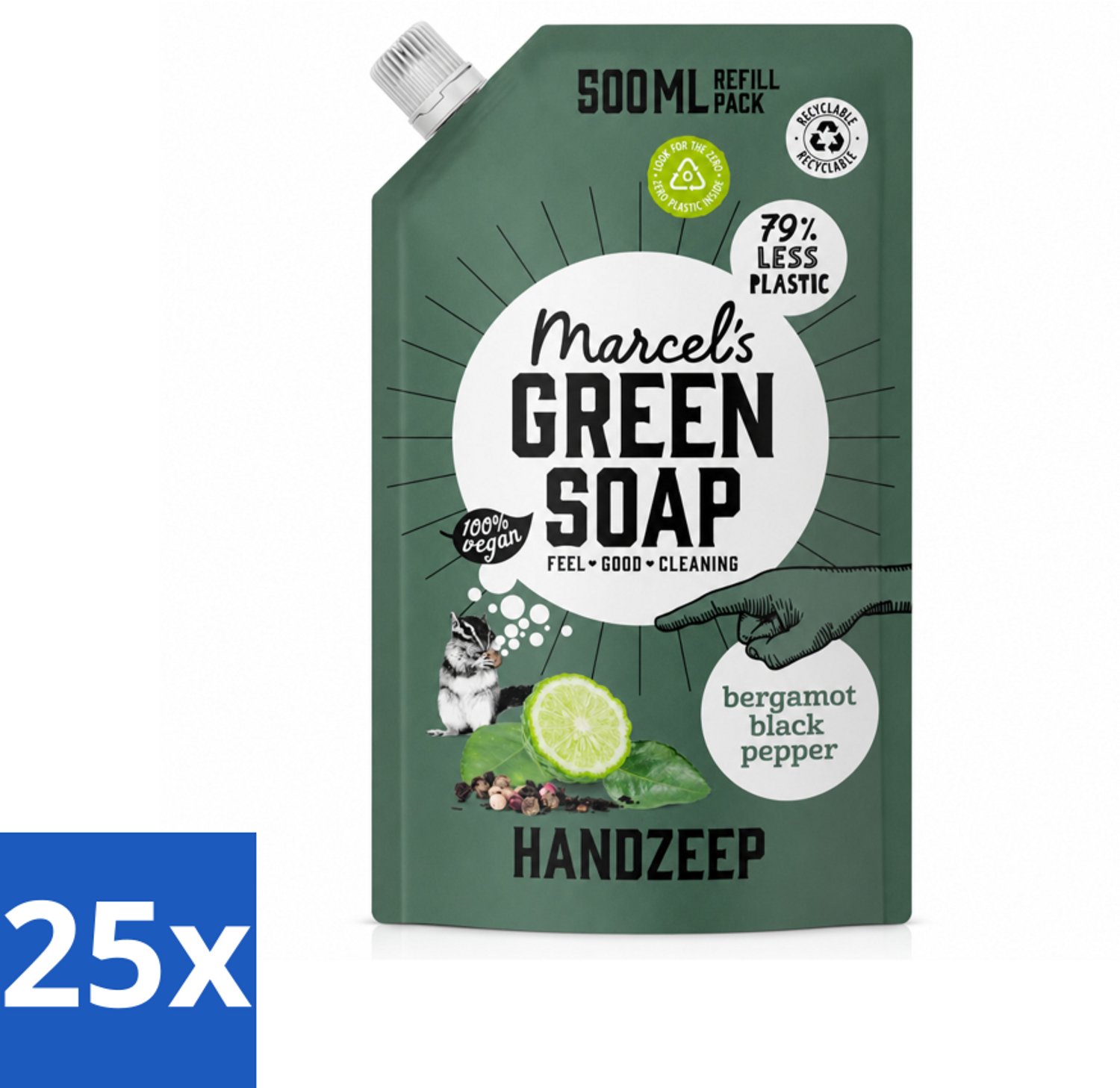25 x Marcel's Green Soap - Handzeep - Bergamot & Black Pepper - Natuurlijke verzorging - 500 ml - Voordeelverpakking - 25 stuks