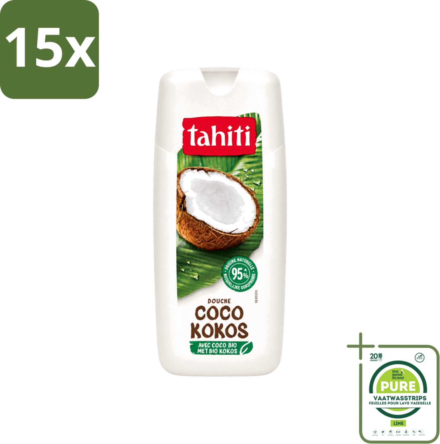 15 x Tahiti - Douchegel - Biologische Kokos - 100% Vegan - 300 ml - Grootverpakking - Vaatwasstrips - Douchegel Kokos - Biologische Kokos - Kokos Douchegel - Hydratatie Huid - Verzorging Huid