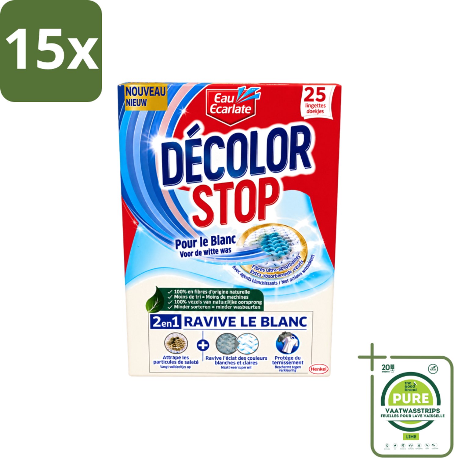 15 x Eau Eclarate - Sublim Blanc - Ultra Witmakend - 25 doekjes - Grootverpakking - Vaatwasstrips - Wit Textiel Herstellen - Glans Herstellen - Verhelderende Doekjes - Witte Stoffen Beschermen - Doekjes Voor Wit Textiel
