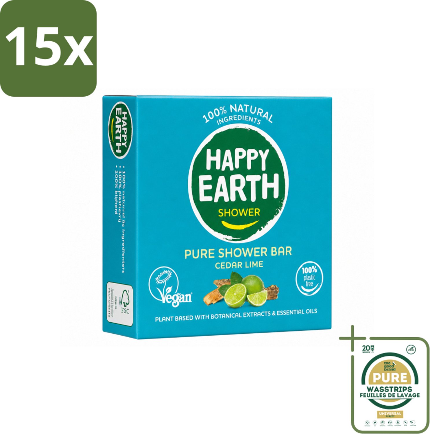 15 x Happy Earth – Shower Bar – 100% Natuurlijk Cedar Lime – 90 g - Wasstrips - Douchegel - Natuurlijke Douchegel - Ceder En Limoen - Sheaboter - Amandelolie