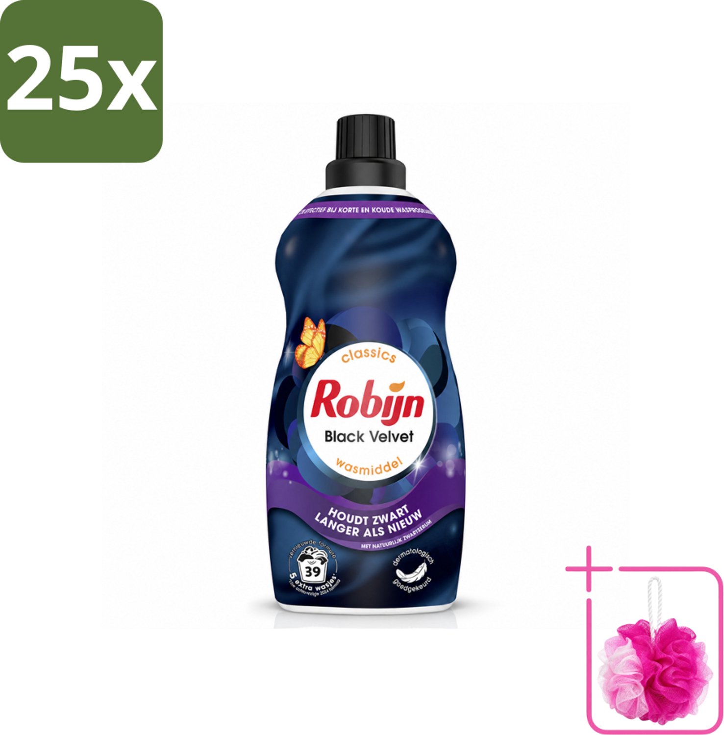 25 x Robijn – Vloeibaar Wasmiddel – Klein & Krachtig Black Velvet – 1,19 L - Bulkverpakking - Zwarte was - Douchemop - Donker was