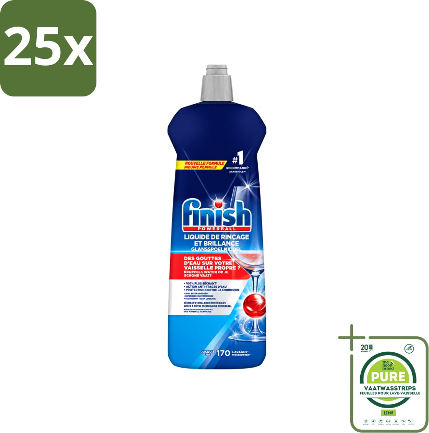 25 x Finish Powerball - Glansspoelmiddel - Anti-Corrosie & Anti-Vervaging - 170 Afwasbeurten - 800ml - Grootverpakking - Vaatwasstrips - Glansspoelmiddel - Vaatwasmiddel - Anti-kalk - Anti-corrosie - Glans