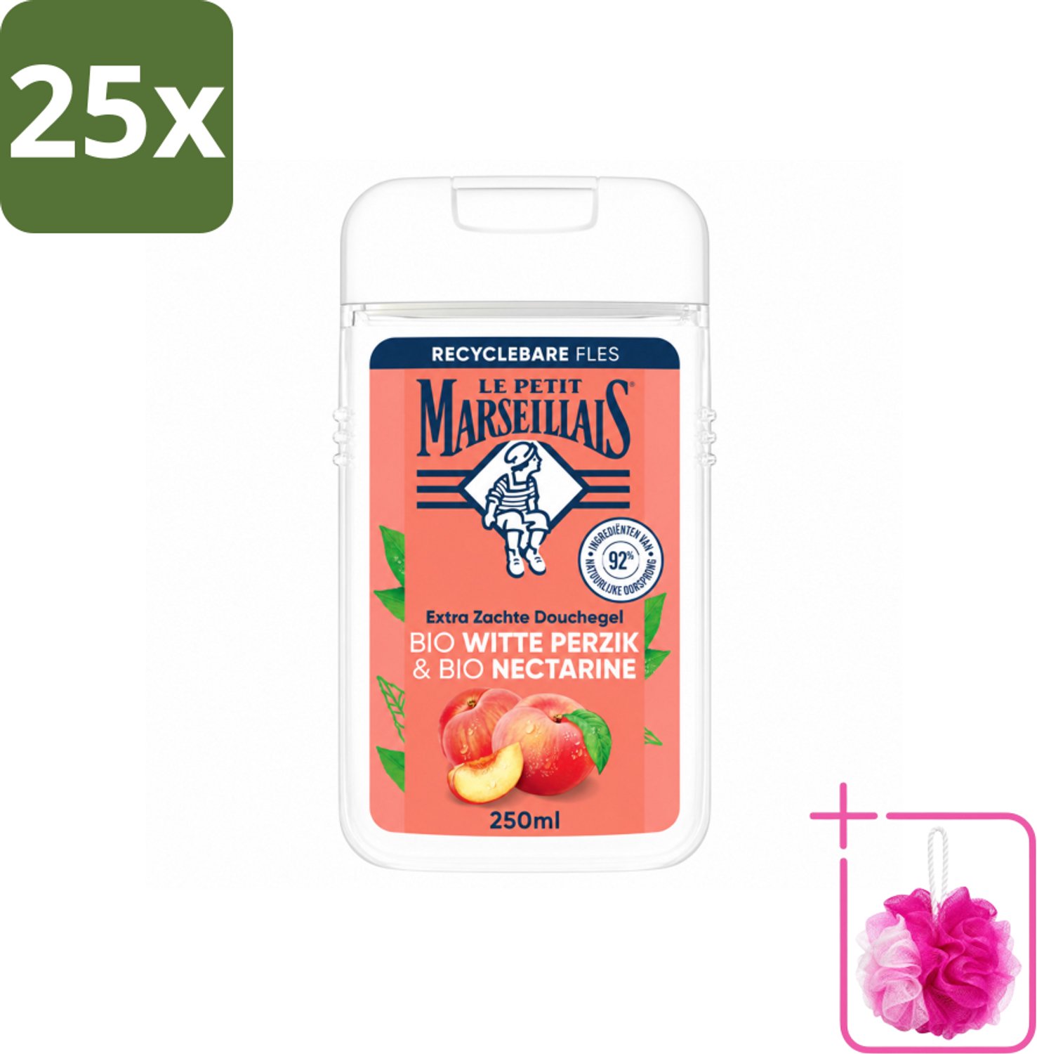 25 x Le Petit Marseillais – Douchegel – Bio Perzik & Nectarine – Verfrissend – 250 ml - Bulkverpakking - Douchegel bio perzik en nectarine - Douchemop - Frisse douchegel