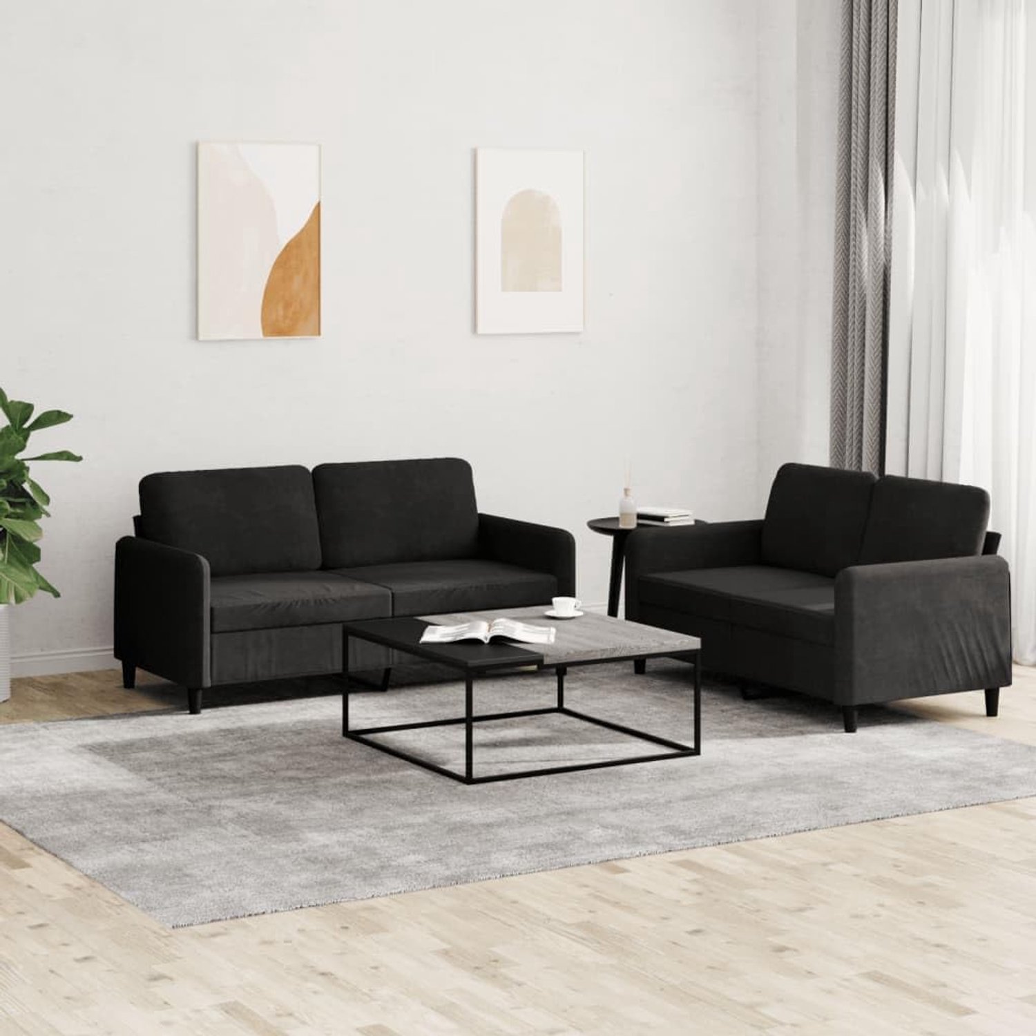 2-delige bankstel, zwart fluweel, zachte velours sofaset met stabiel metalen frame en dikke bekleding voor de woonkamer, comfortabele bankstel
