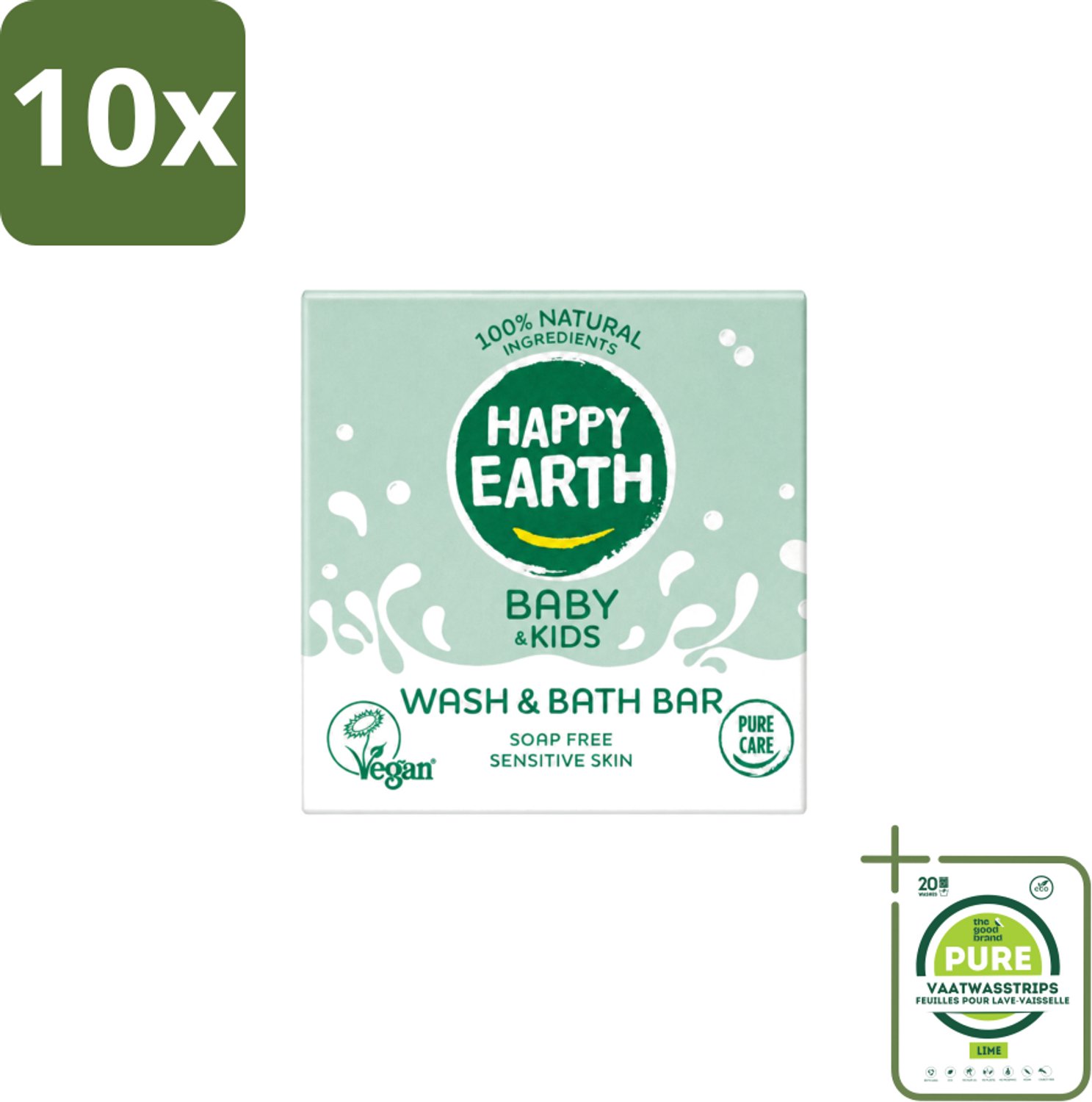 10 x Happy Earth – Wash & Bath Bar – 100% Natuurlijk Baby & Kids – 50 g - Grootverpakking - Vaatwasstrips - Baby Wasbar - Kind Badbar - Natuurlijke Wasbar - Zeepvrije Wasbar - Mild Wasbar