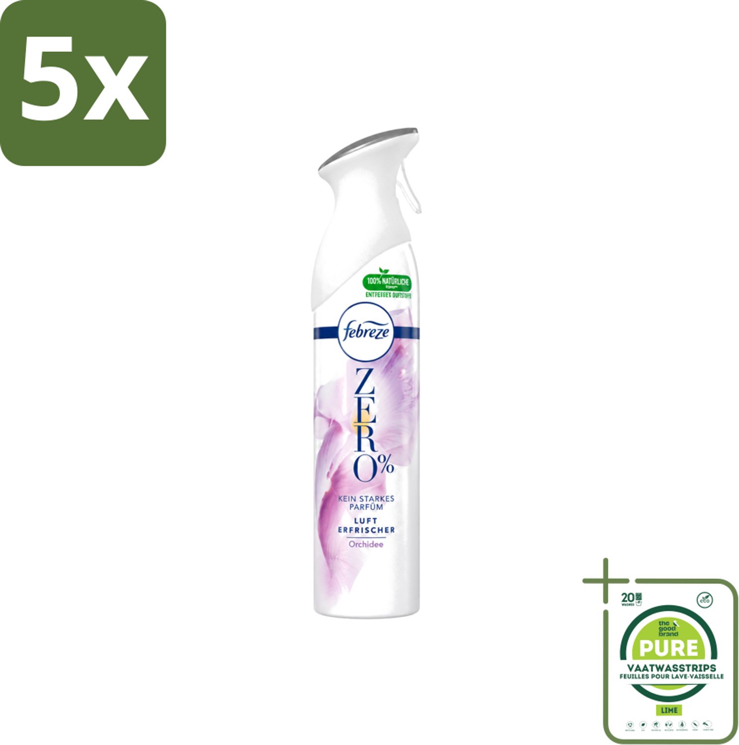 5 x Febreze Spray - Zero % - Orchidee - Luchtverfrisser - 300ml - Grootverpakking - Vaatwasstrips - Luchtverfrisser - Geuren Verwijderen - Orchidee Geur - Frisse Geur - Zero %