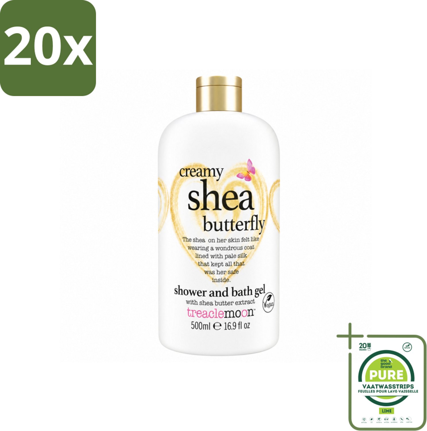 20 x Treaclemoon – Bad- & Douchegel – Creamy Shea Butterfly – 500 ml - Grootverpakking - Vaatwasstrips - Bad En Douchegel - Shea - Bloemige Geur - Ontspanning - Verzorging