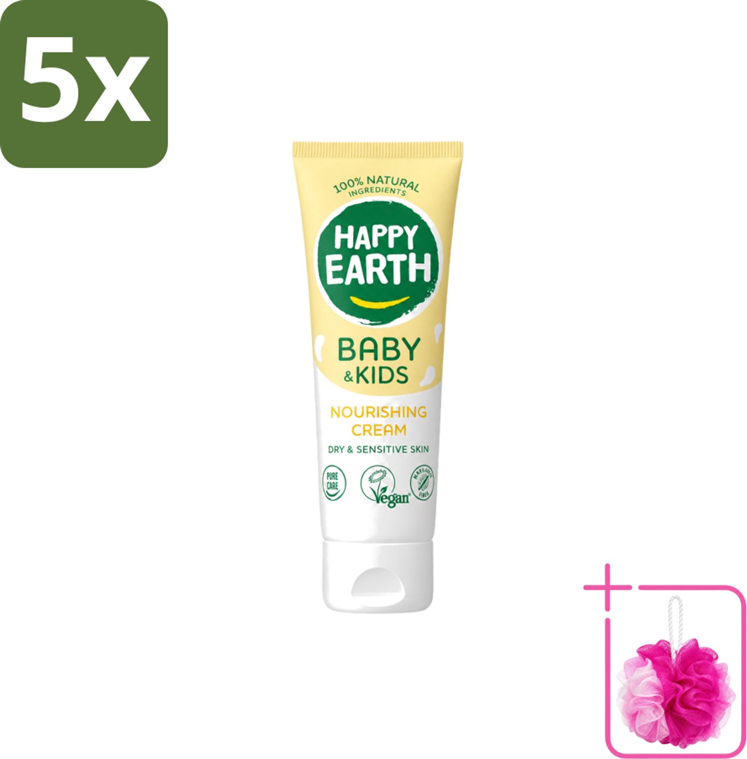 5 x Happy Earth – Nourishing Cream – 100% Natuurlijk Baby & Kids – 75 ml - Bulkverpakking - Natuurlijke crème - Douchemop - Gevoelige huid
