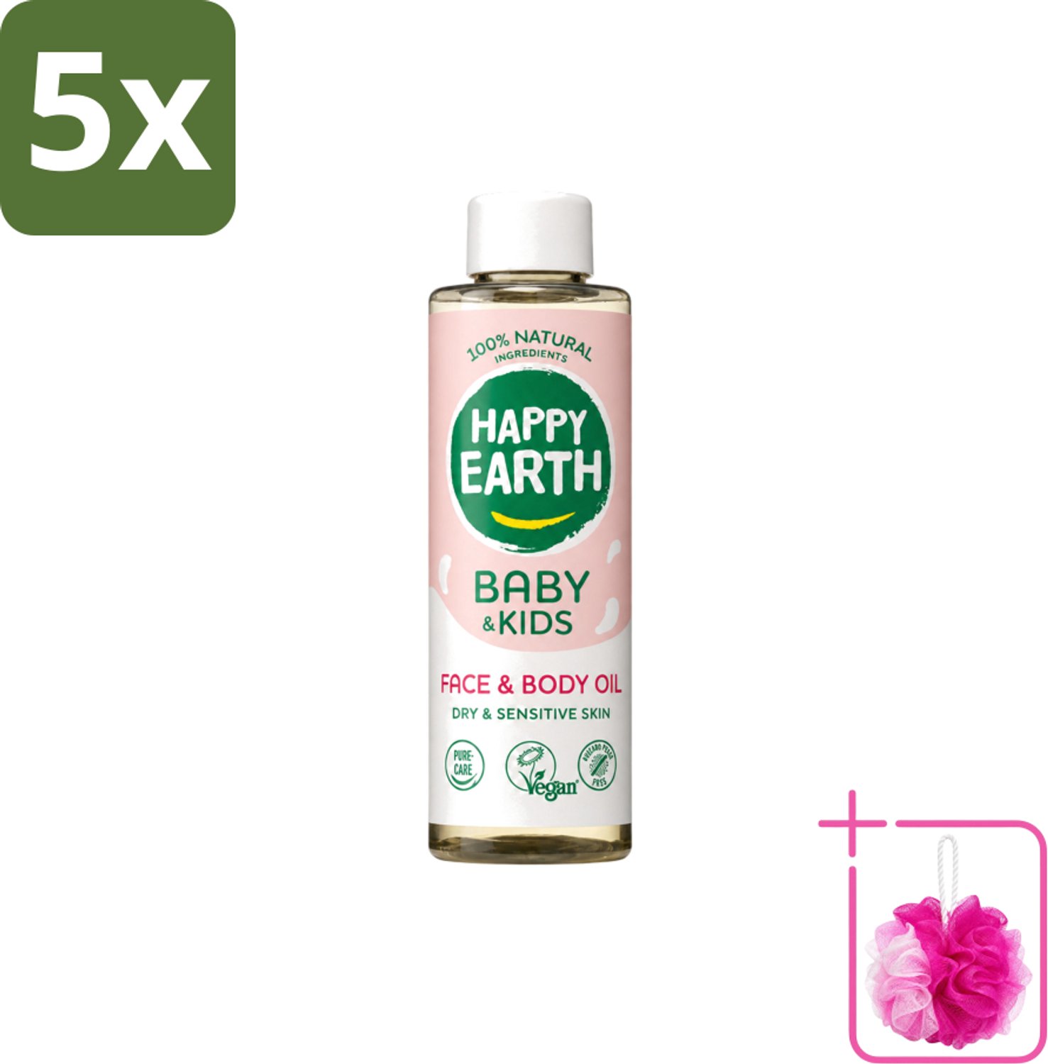 5 x Happy Earth – Face & Body Oil – 100% Natuurlijk Baby & Kids – 150 ml - Bulkverpakking - Babyolie - Douchemop - Gezichtsolie